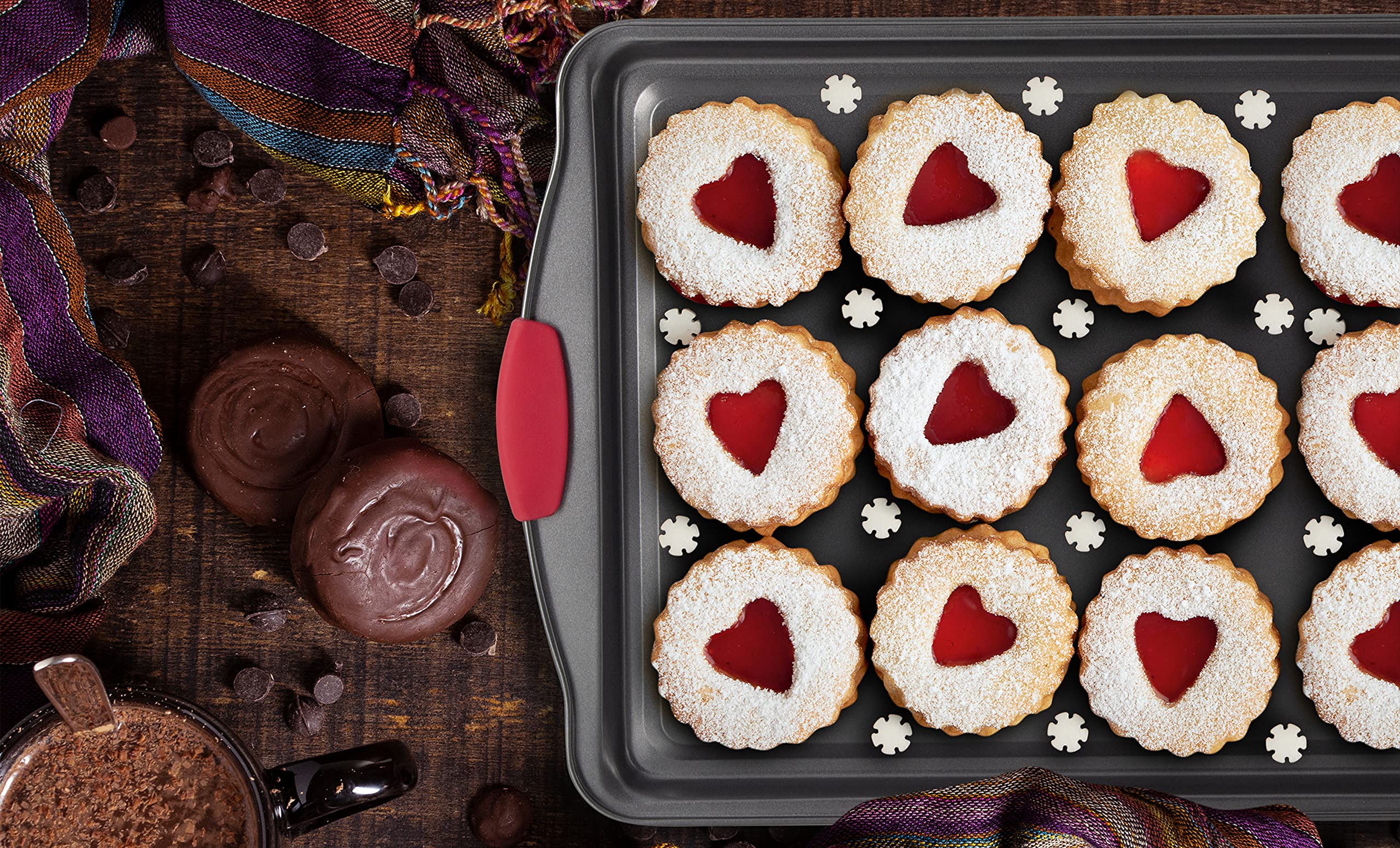 Non-Stick Baking Pans Set of 3 - Large Black Cookie Sheets with Red Silicone Handles for Perfect Cookies, Cakes & Pastries | Ideal for Home Baking, Holiday Treats & Party Desserts