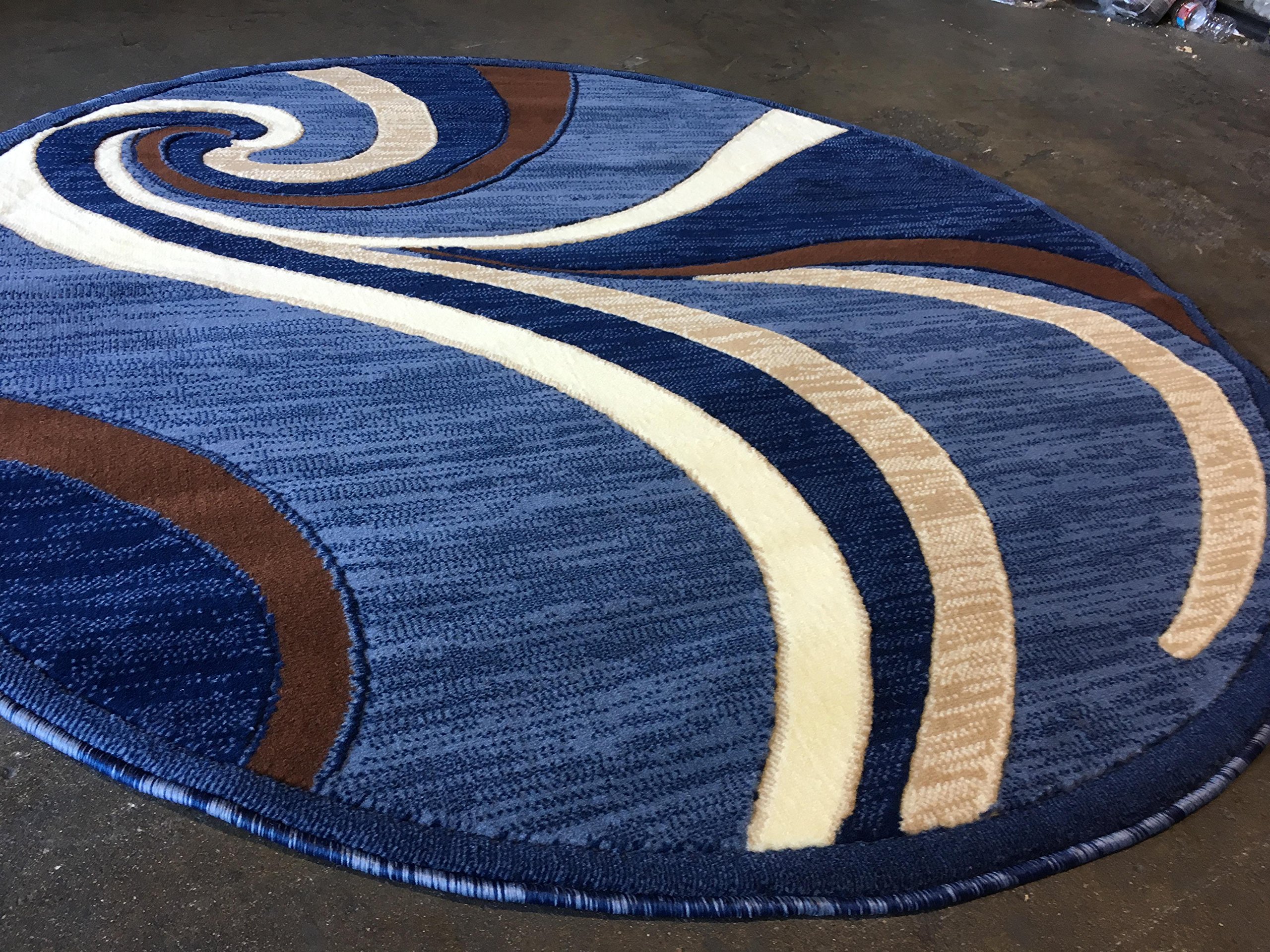 Modern Round Contemporary Area Rug 4x4 Feet - Blue & Brown Swirl Americana Design - Soft Non-Slip Living Room Rug for Bedroom, Nursery & Home Decor