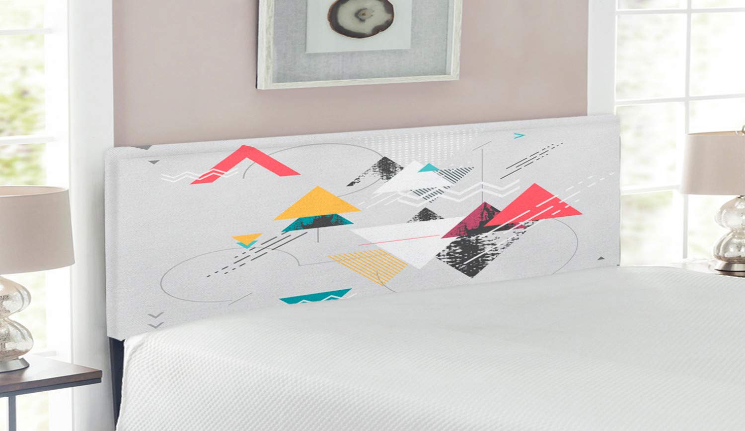 Ambesonne Abstract Geometric Headboard - Modern Triangle Design Upholstered Metal Bed Headboard with Memory Foam, Queen Size in Mustard Pale Grey Teal - Perfect for Contemporary Bedrooms & Guest Rooms