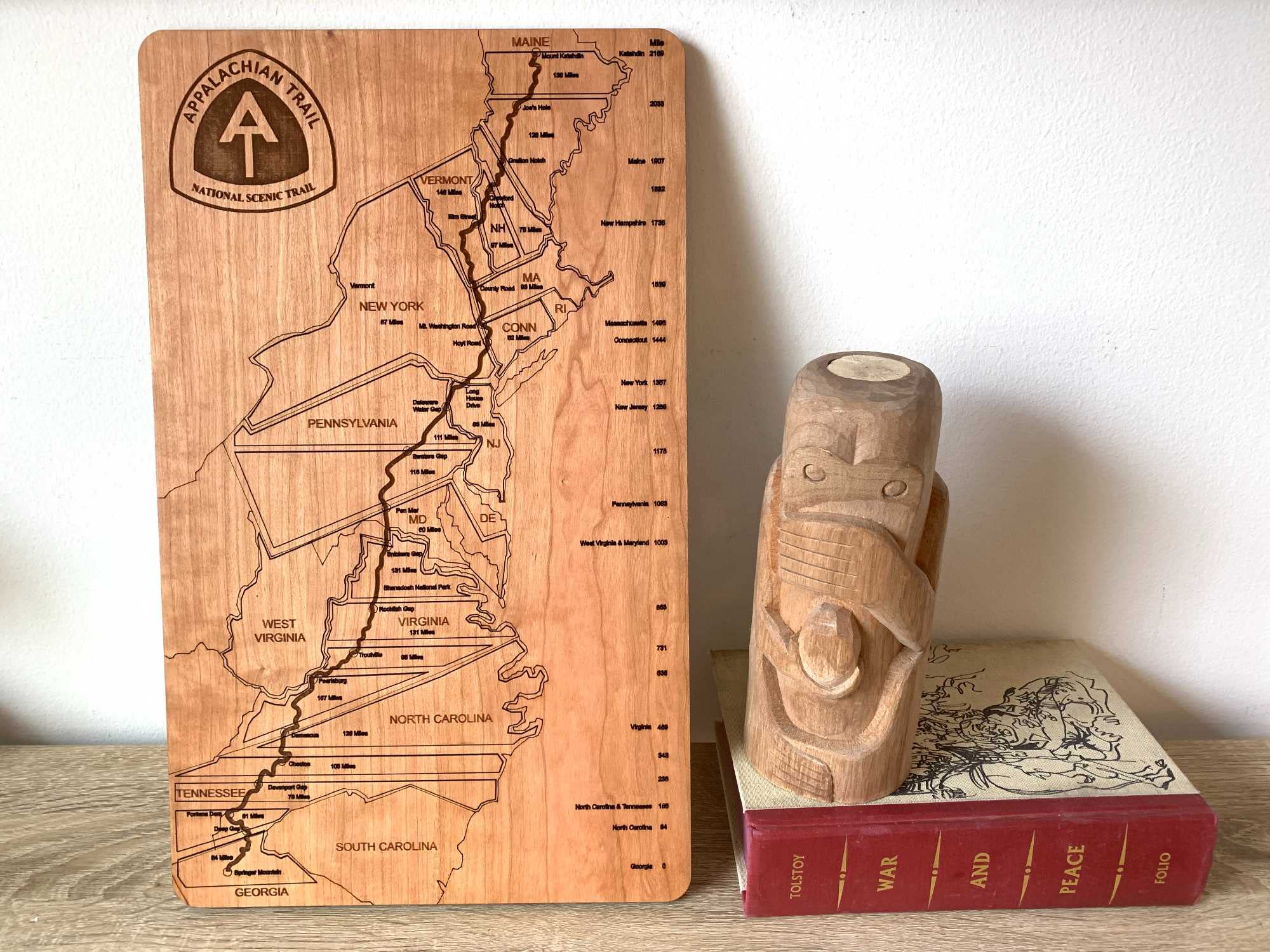 Appalachian Trail Wooden Map - Hiker Sign for AT Section & Thru Hiking | Cherry Wood Mountain Map for Hiking Decor