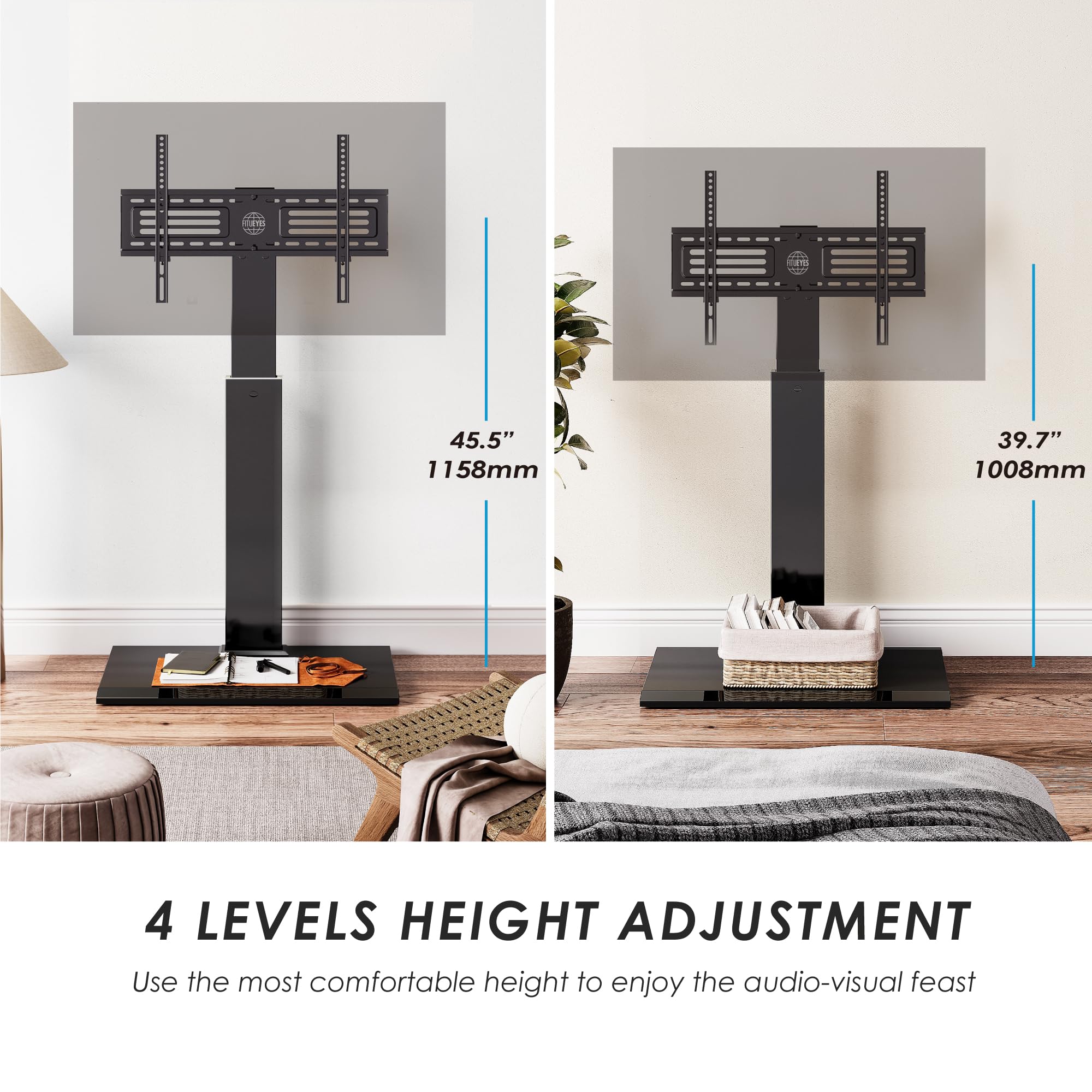 FITUEYES Universal TV Stand for 32-75 Inch TVs - Swivel Mount, Height Adjustable, Space Saving Floor TV Stand with Wire Management - Compatible with LED, LCD, OLED, Plasma Flat & Curved Screens (Black) - Perfect for Living Room, Bedroom, or Home Theater Setup
