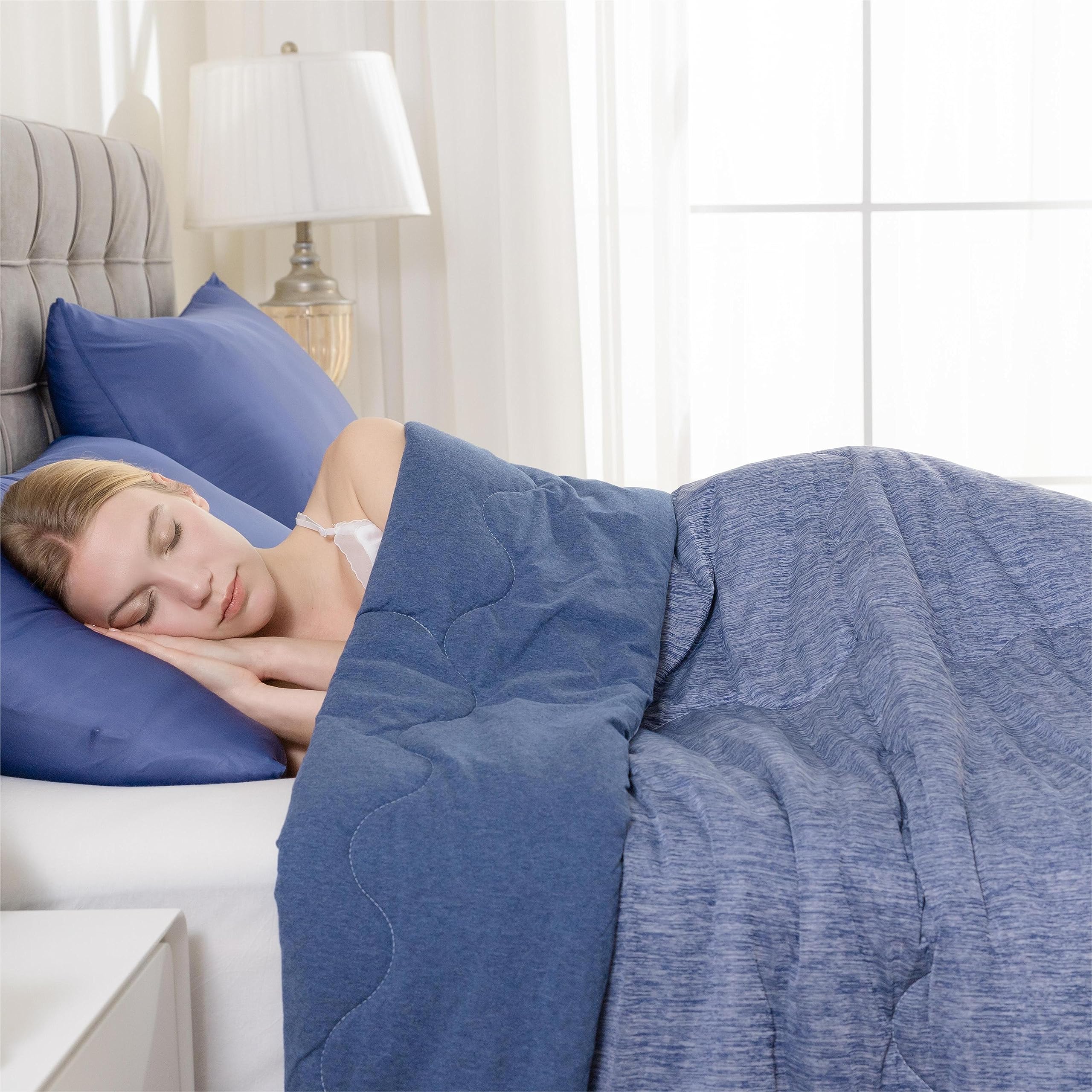 King Size Cooling Comforter with Japanese Q-Max 0.45 Cooling Fiber - All Season Lightweight Cotton Blanket for Summer & Winter (Navy Blue, 90x108 Inches) - Perfect for Hot Sleepers, Bedroom, Guest Room & Dorm