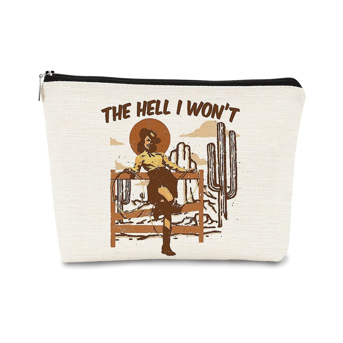 Western Cowgirl Makeup Bag - Vintage 'The Hell I Won't' Design - Perfect Cowgirl Gift for Women & Western Lovers - Great for Travel, Cosmetics Storage & Country-Themed Parties