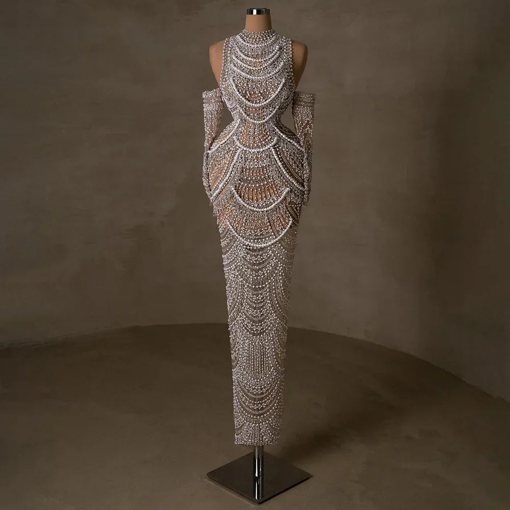 Luxury Dubai Arabian Nude Mermaid Evening Gown with Pearl Beading - Elegant Formal Dress for Weddings, Galas & Special Occasions - LA72091A