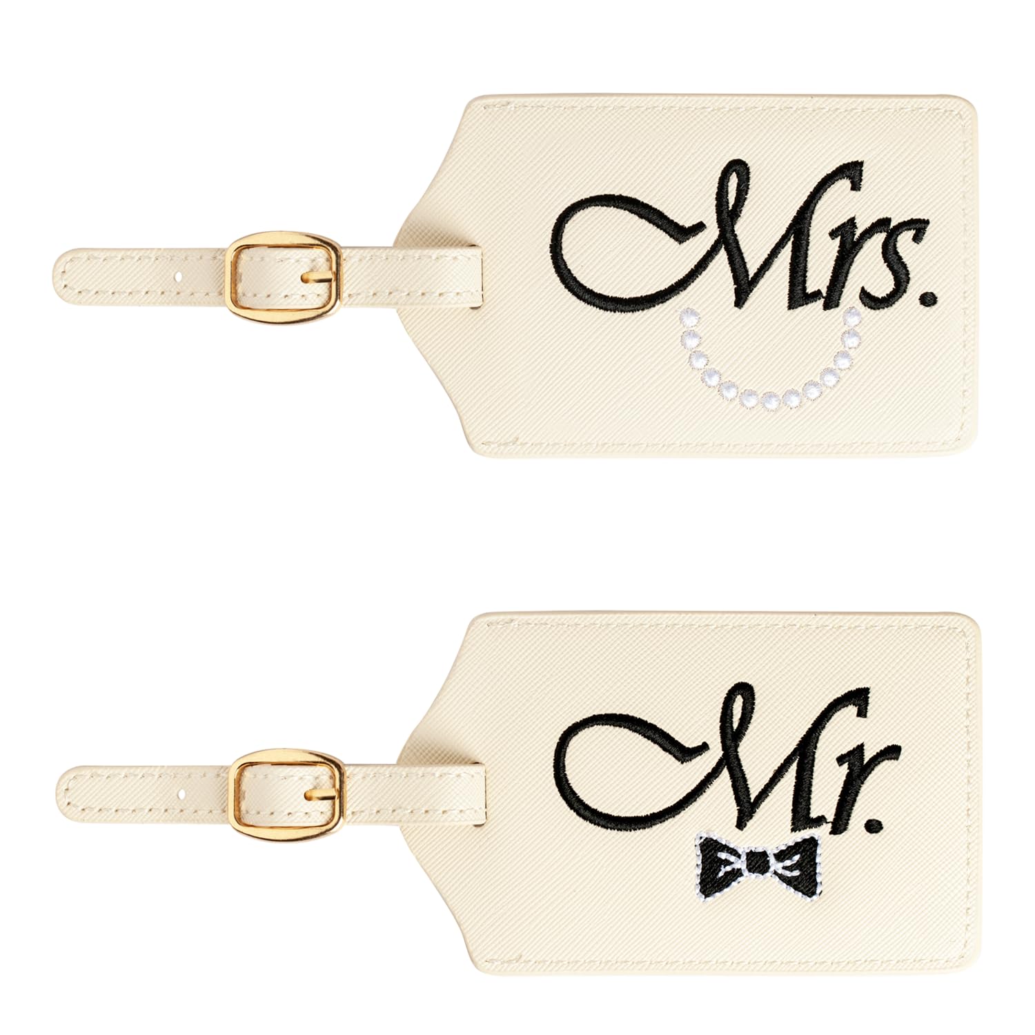 Personalized Embroidered Luggage Tags for Couples - Mr & Mrs Travel Accessories Set - Wedding, Honeymoon, Anniversary Gift Idea (White & Black Bow Tie/Necklace Design) - Perfect for Bridal Showers, Romantic Getaways & Vacation Travel