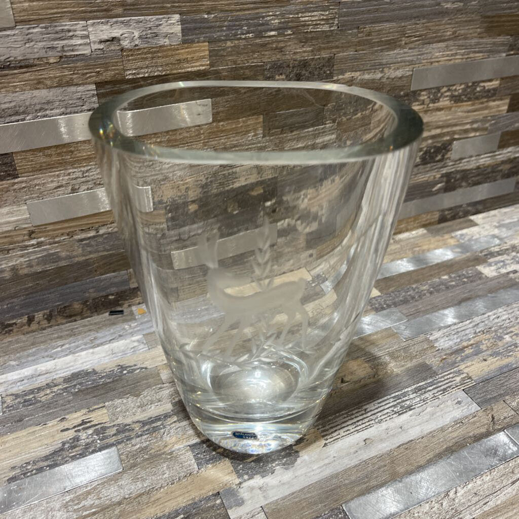Handmade Swedish Art Glass Etched Vase with Deer Design - 44W x 3D x 7H - Elegant Home Decor for Living Room, Wedding Centerpiece & Scandinavian Gift