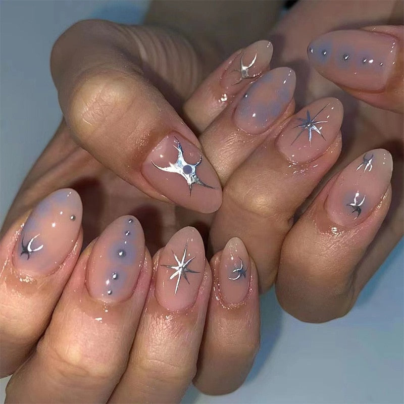 24pcs Y2K Style Glitter Star False Press-On Nails - Full Cover Artificial Nail Tips with Fashion Design for Women | Perfect for Parties, Date Nights & Special Occasions