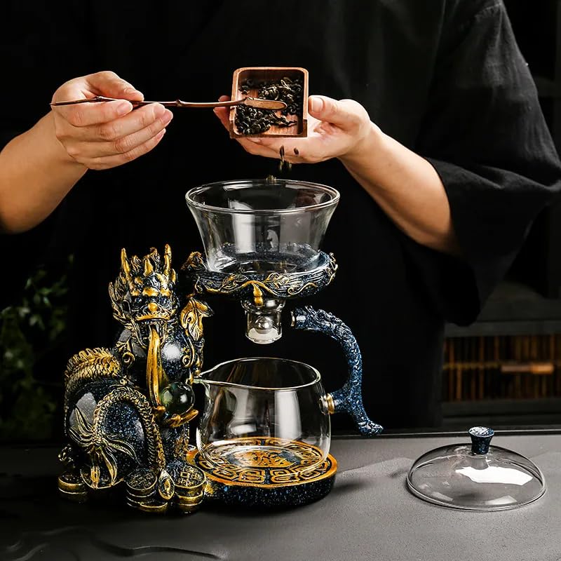 Premium Glass Teapot Set with Stainless Steel Infuser - Semi Automatic Dragon Design Tea Set with 6 Small Cups (Blue & Gold Dragon) - Perfect for Chinese Tea Ceremony, Home Decor & Gift Giving