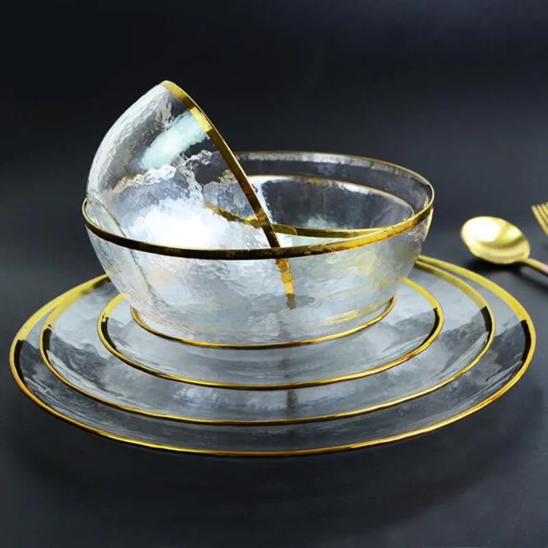 Aurora Gold Edge Glass Plate & Bowl Set - Elegant Dinnerware for Special Occasions, Perfect for Weddings, Parties, and Fine Dining
