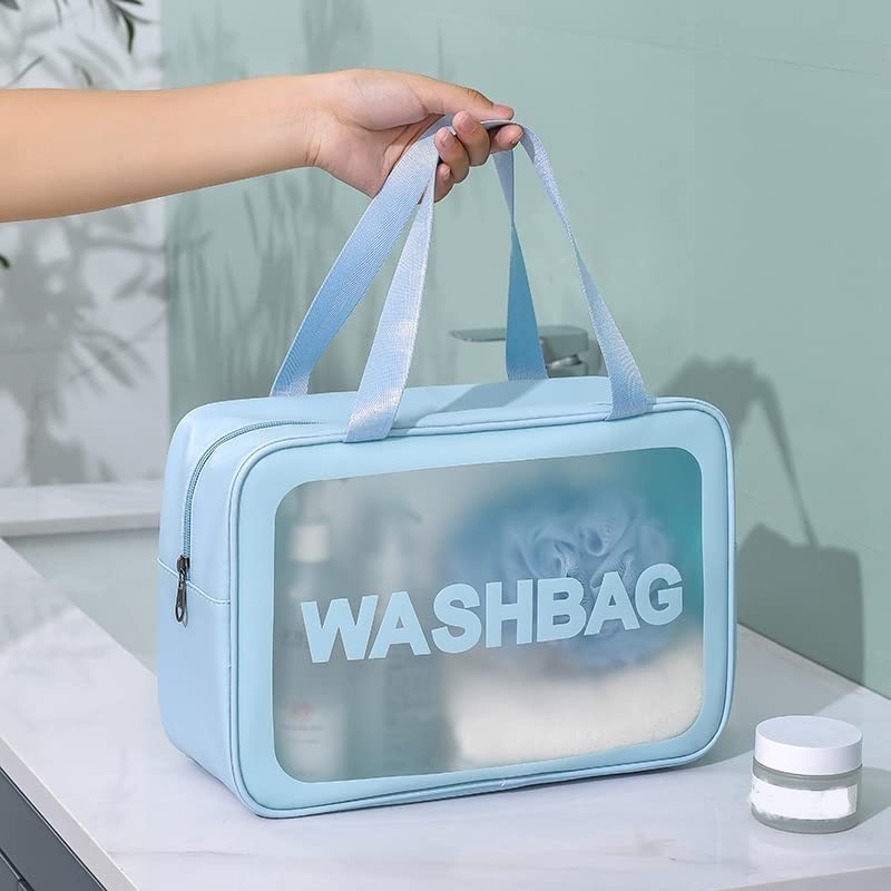 QBLYN 3-Piece Waterproof Makeup Organizer Set | Travel Toiletry Bag for Women | Cosmetic Storage Pouch for Bathroom & Vanity | Perfect for Home, Gym, Vacation & Business Trips (Blue)