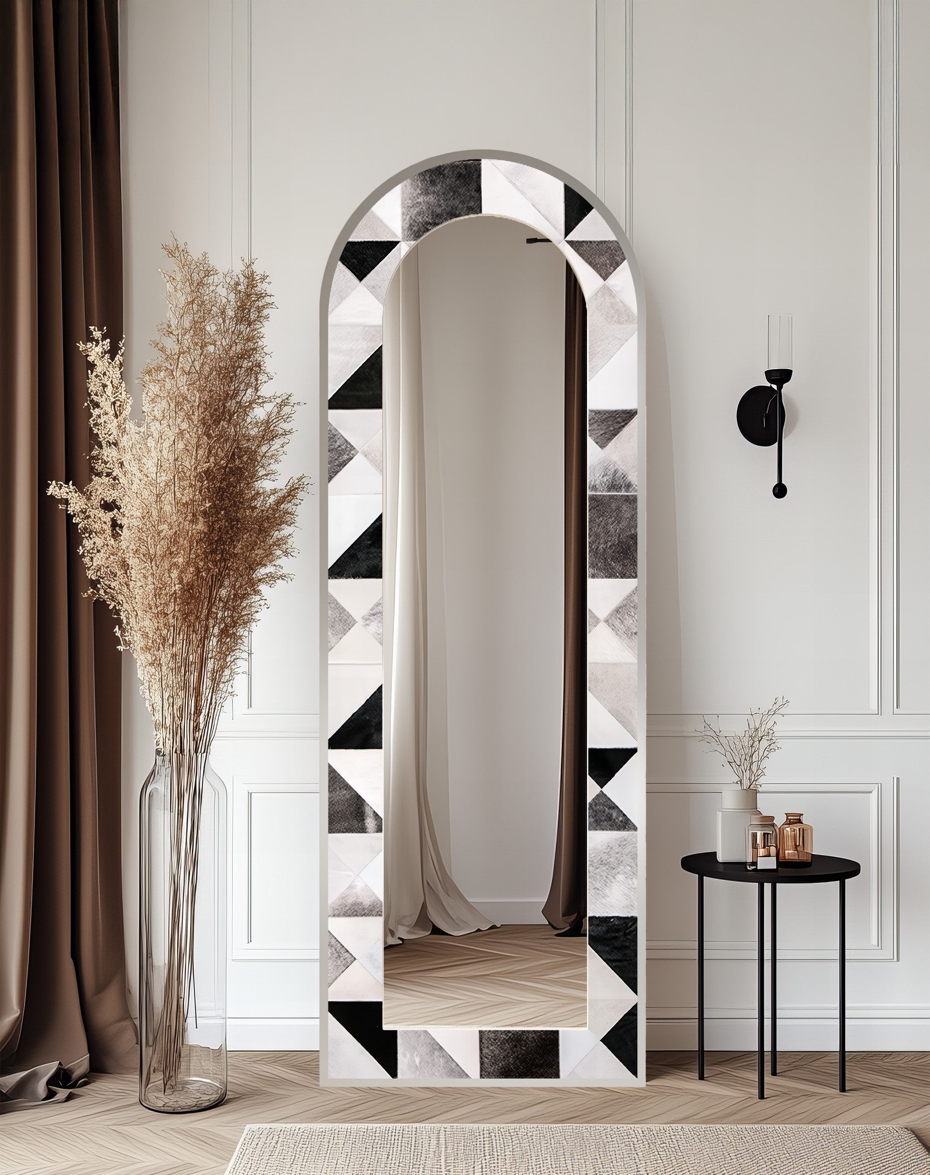 Black and White Patchwork Arch Floor Mirror - Full Length Standing Mirror for Bedroom, Living Room & Entryway Decor