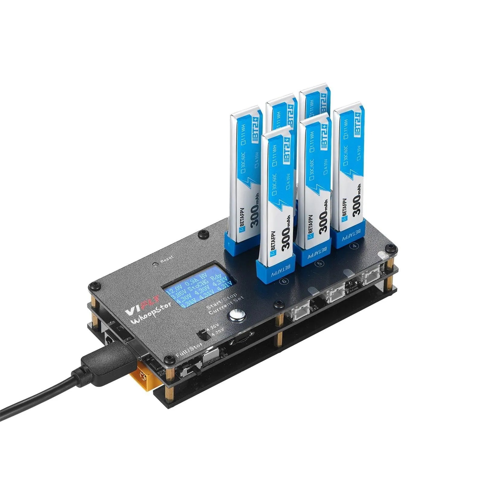 VIFLY Whoopstor V2 1S LiPo/LiHV 6-Channel Battery Charger & Discharger - DC/USB-C Input - Compatible with BT2.0 & PH2.0 Connectors - Perfect for FPV Drone Racing and RC Hobby Charging