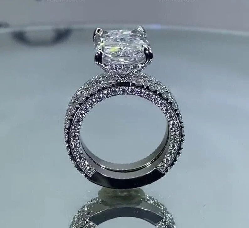 5 Carat Radiant Cut Diamond Bridal Ring Set | 14K White Gold Plated 925 Sterling Silver Wedding Eternity Band with Hidden Halo | Handmade Engagement Ring for Women | Perfect for Proposals, Anniversaries & Special Occasions