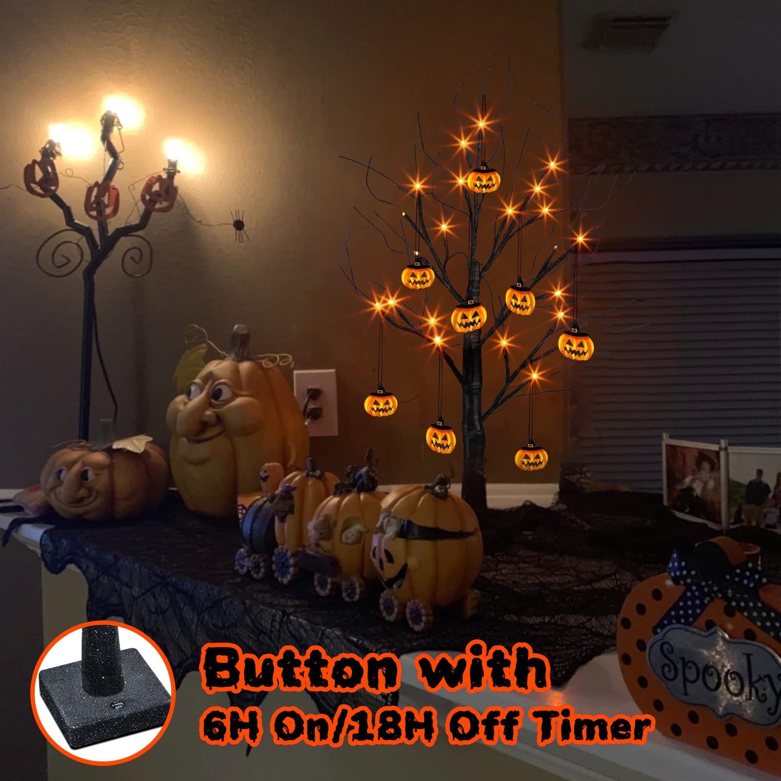 PEIDUO 2FT Halloween Tree with 24 Orange LED Lights & 8 Pumpkin Ornaments - Battery Powered Black Halloween Decor with Timer - Perfect for Indoor Home, Desk, Table, and Party Decorations
