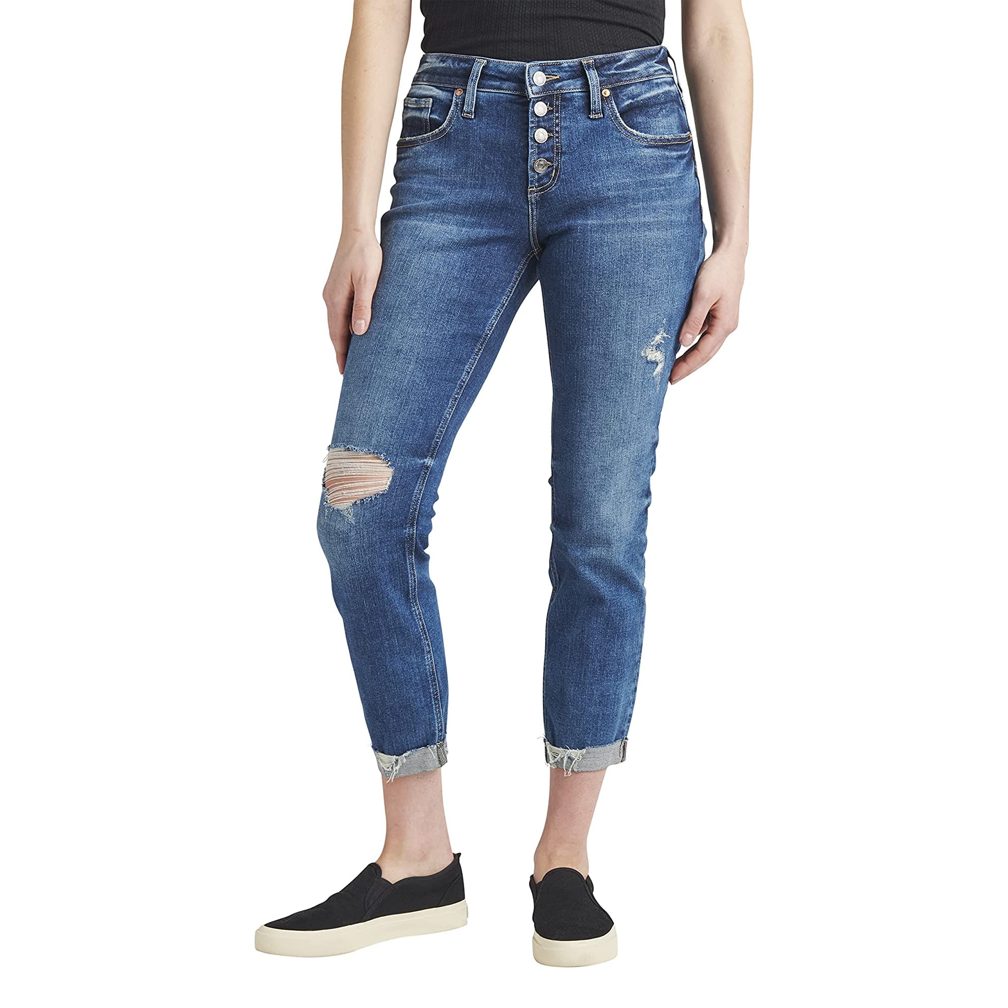Silver Jeans Co. Women's Boyfriend Mid Rise Slim Leg Jeans - Comfortable Stretch Denim Pants for Casual Wear & Everyday Outfits