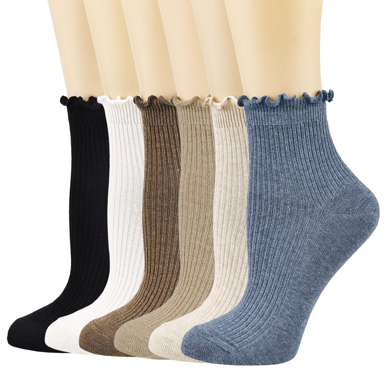 Mcool Mary Women's Cotton Crew Socks 6-Pack - Cute Ruffle Ankle Socks for Casual Wear
