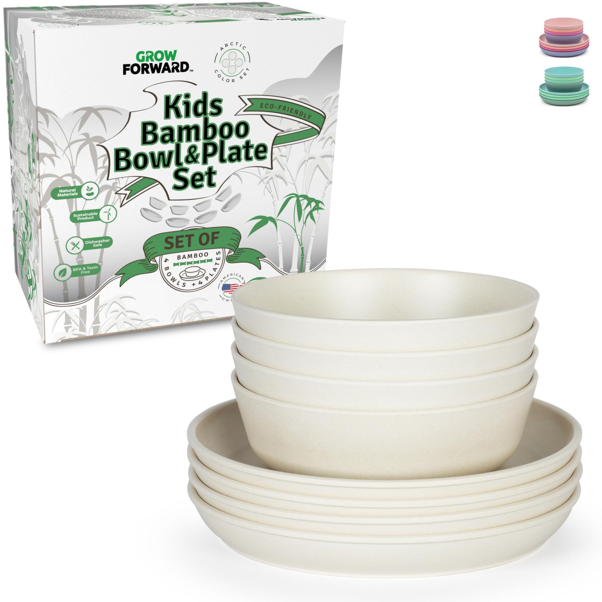 Grow Forward Bamboo Kids Plates and Bowls Set - 4 Bamboo Plates & 4 Bowls - BPA Free, Dishwasher Safe - Eco Friendly Reusable Children's Dinnerware - Arctic Design - Perfect for Toddler Meals, School Lunches, and Picnics