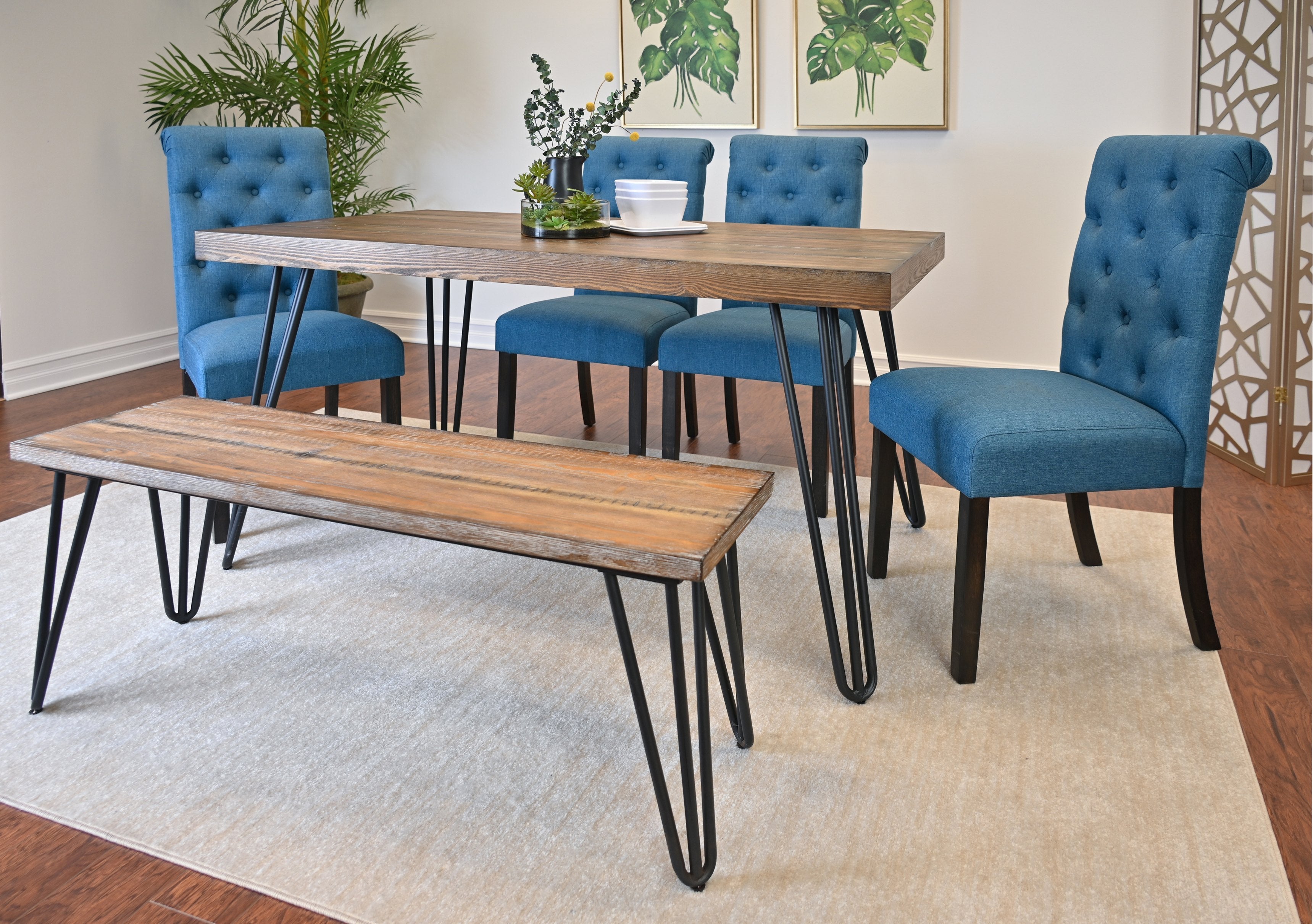 Roundhill Furniture Ashford 6-Piece Dining Set - Hairpin Leg Dining Table with 4 Chairs & Bench - Modern Kitchen & Dining Room Furniture for Small Spaces