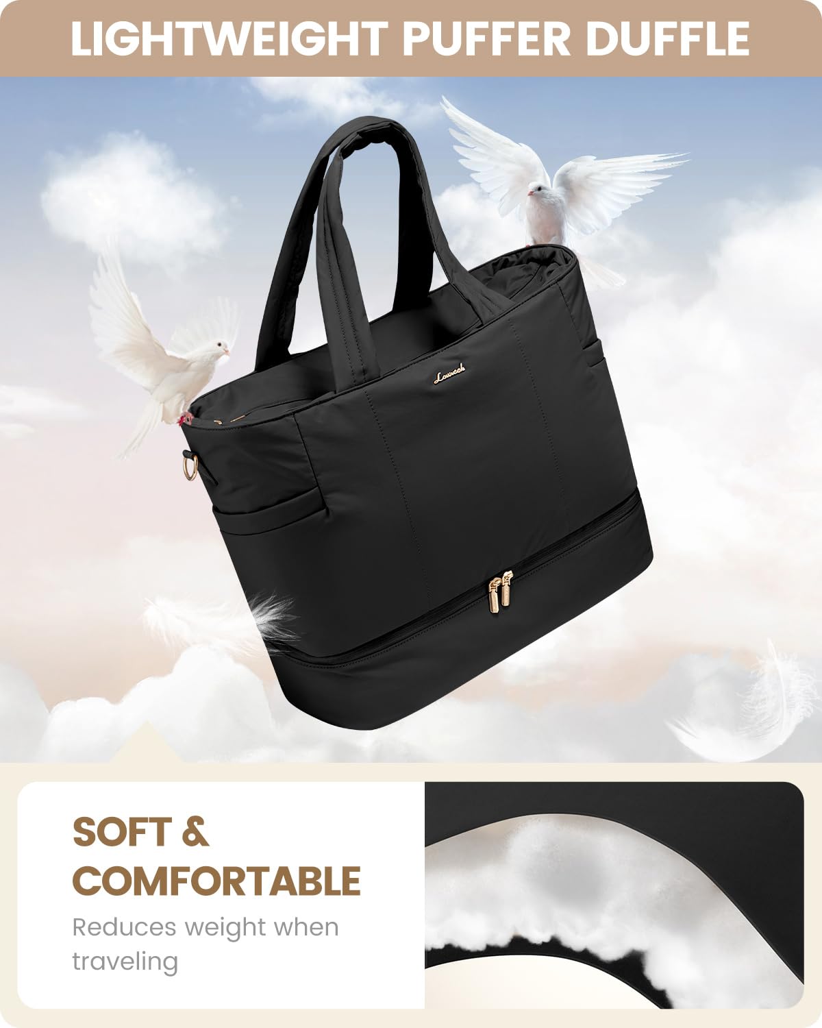 LOVEVOOK Puffer Weekender Duffle Bag for Women - Lightweight Travel Overnight Bag with Shoe Compartment, Carry-On Gym Tote & Hospital Bag | Perfect for Weekend Getaways, Gym Workouts & Business Trips