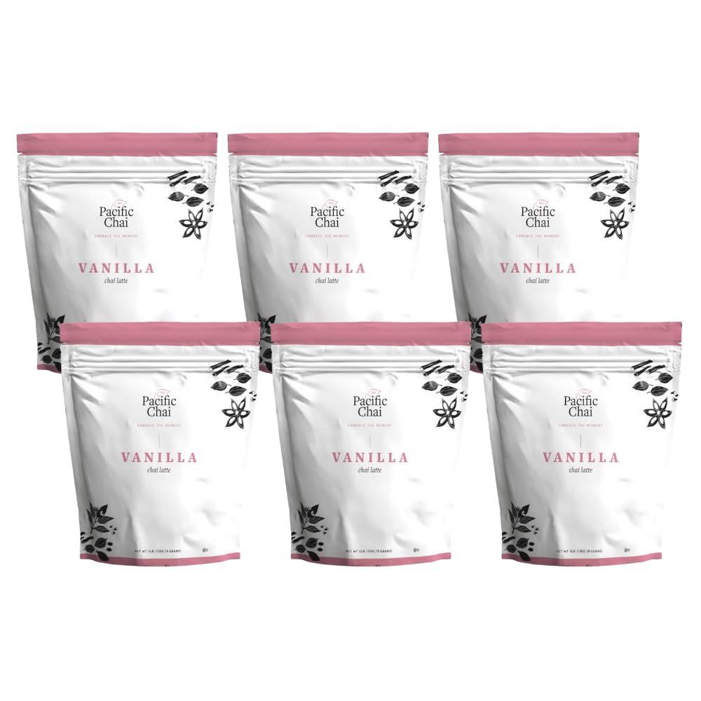 Pacific Chai Vanilla Chai Latte Powder by Indulgent Foods - Gluten Free, No Trans Fat, 3lb Bulk Pack (6 Containers) - Perfect for Coffee Shops, Offices & Home Use