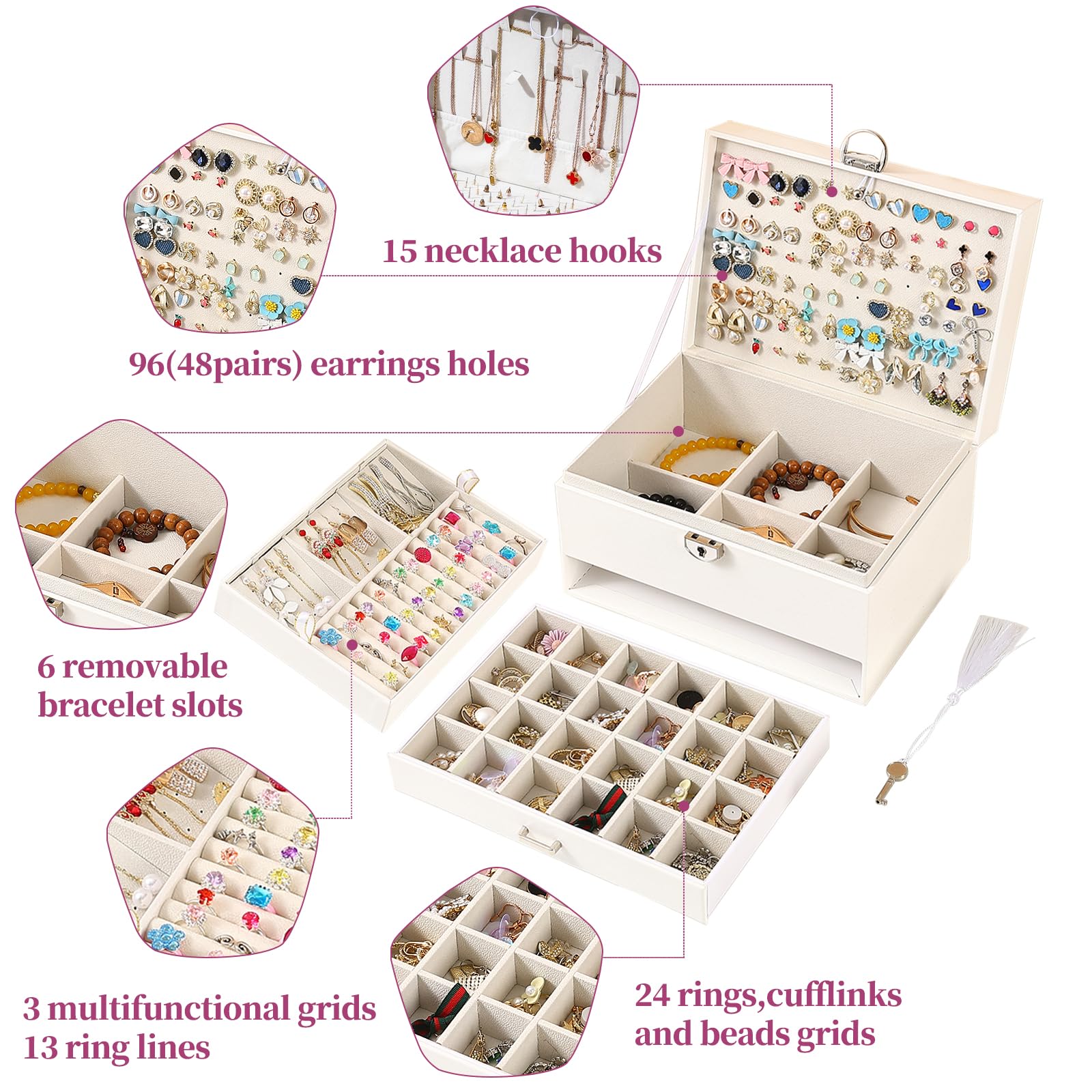 BOOVO 5-Layer Jewelry Organizer Box with Lock - Earring Holder, Necklace & Ring Storage for Women & Girls - Perfect for Travel, Home & Gift (White)