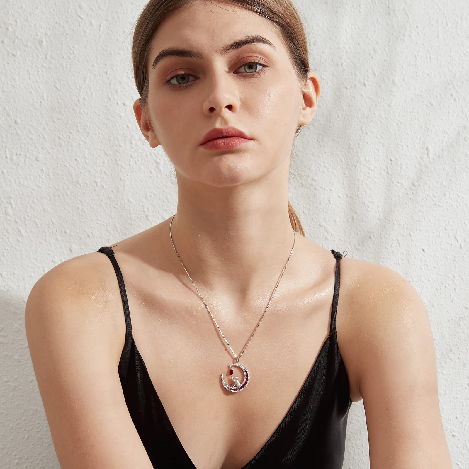 18K White Gold Plated Cat Necklace - 925 Sterling Silver Diamond Cat Pendant with Moon Charm | Elegant Jewelry Gift for Women (Birthday/Christmas) | Comes with Gift Box | Perfect for Date Nights, Parties & Special Occasions