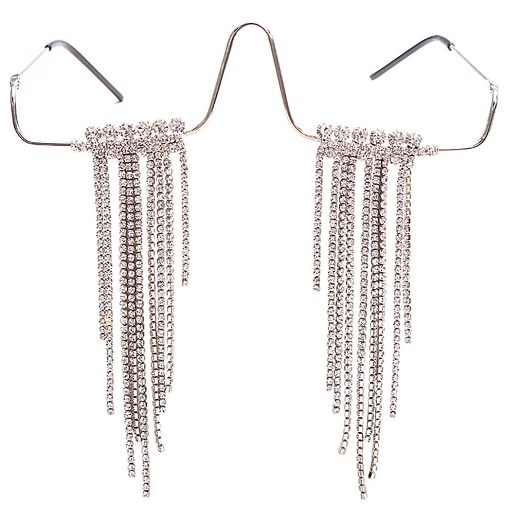 Stylish Rhinestone Tassel Glasses Frame - Metal Half Frame with Diamond Accents for Women | No Lens Fashion Eyewear | Perfect for Parties, Cosplay & Photo Shoots