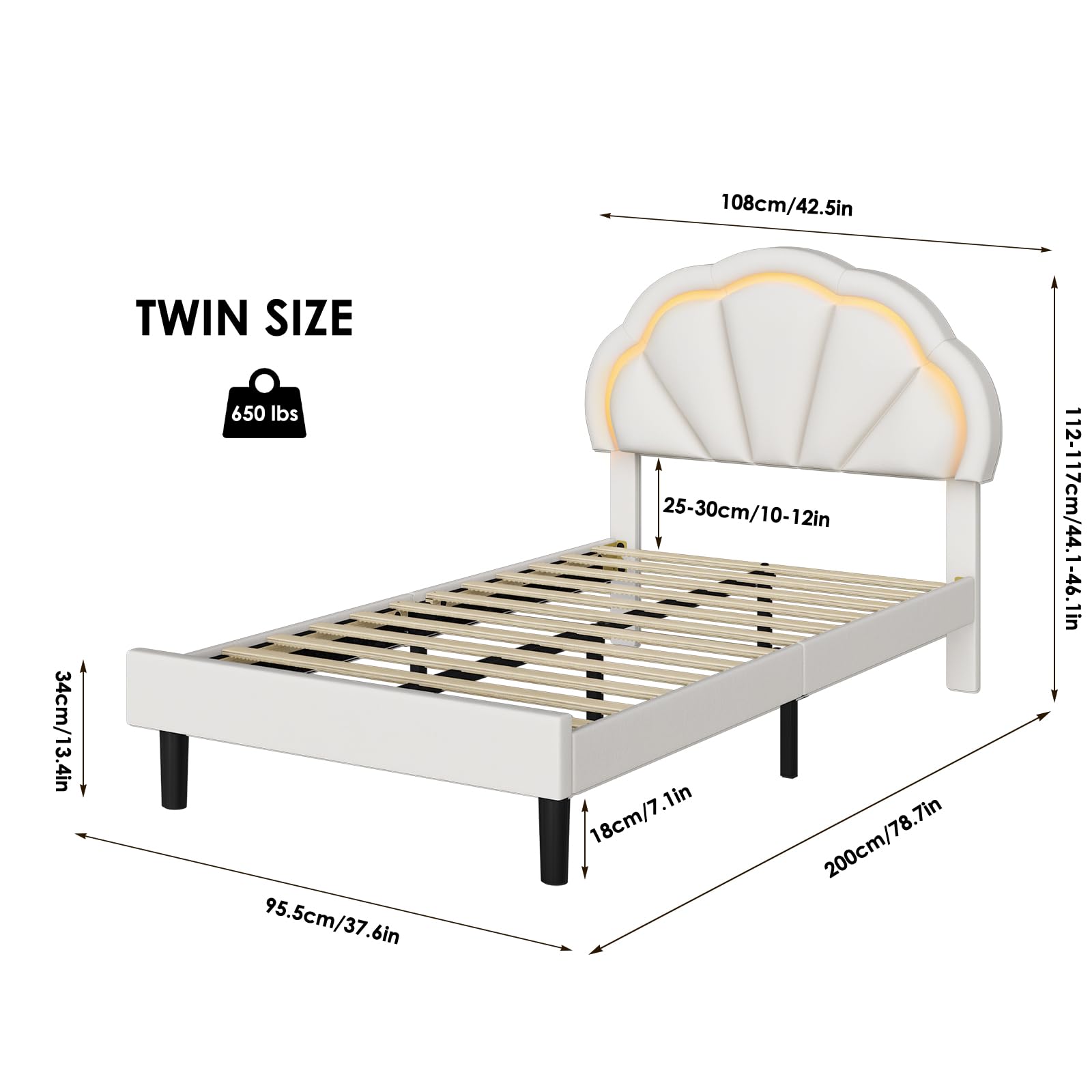 HIFIT Twin Upholstered Smart LED Bed Frame with Adjustable Chic Petal Headboard - Princess Twin Size Platform Bed for Kids & Girls - Wooden Slats Support - No Box Spring Needed - Easy Assembly - Beige - Perfect for Bedrooms, Dorm Rooms & Kids' Rooms