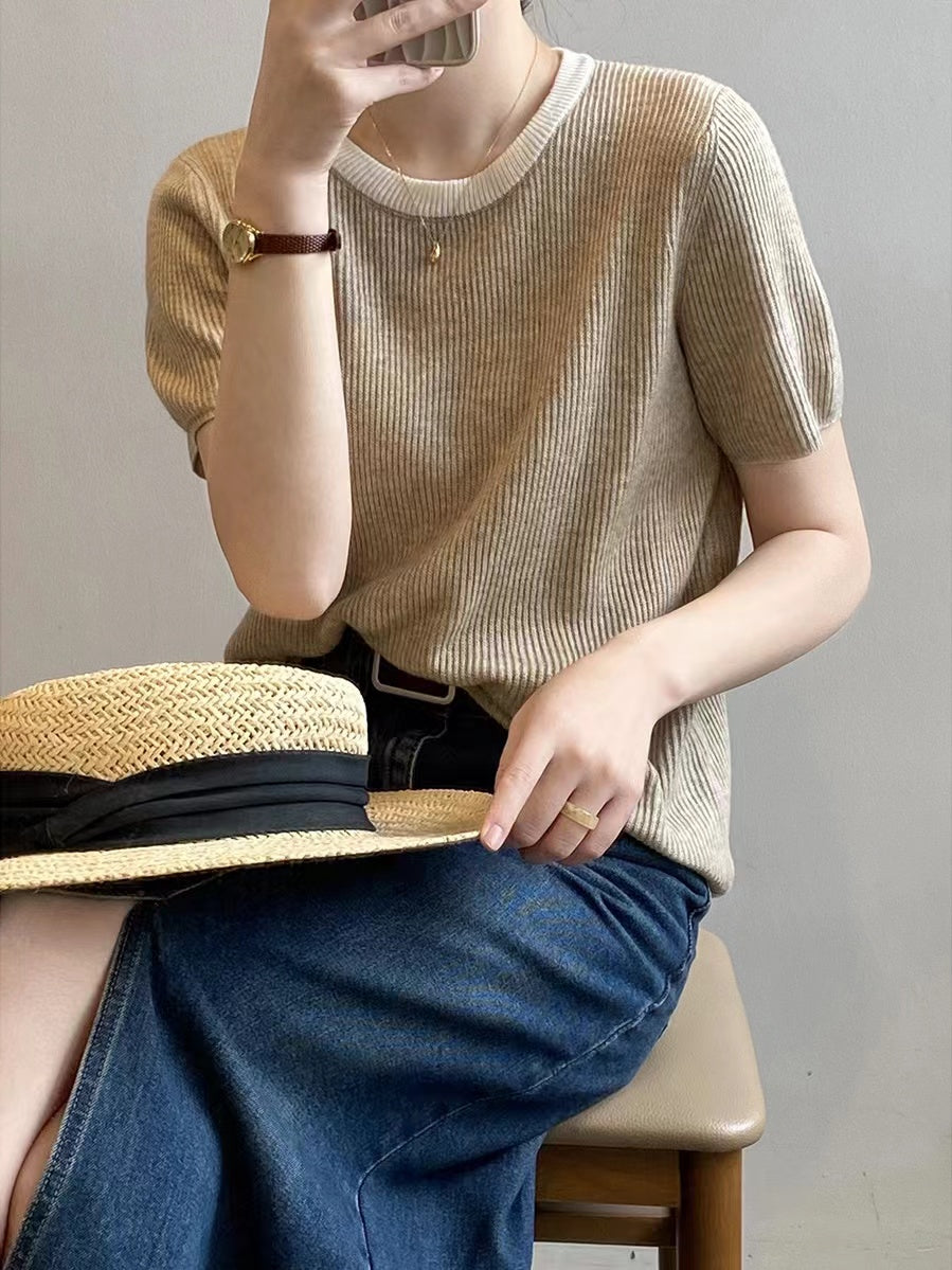 Lovevop Contrast Color Crew Neck Knitted T-Shirt for Women - Soft Cotton Casual Tee for Everyday Wear, Outfits & Layering