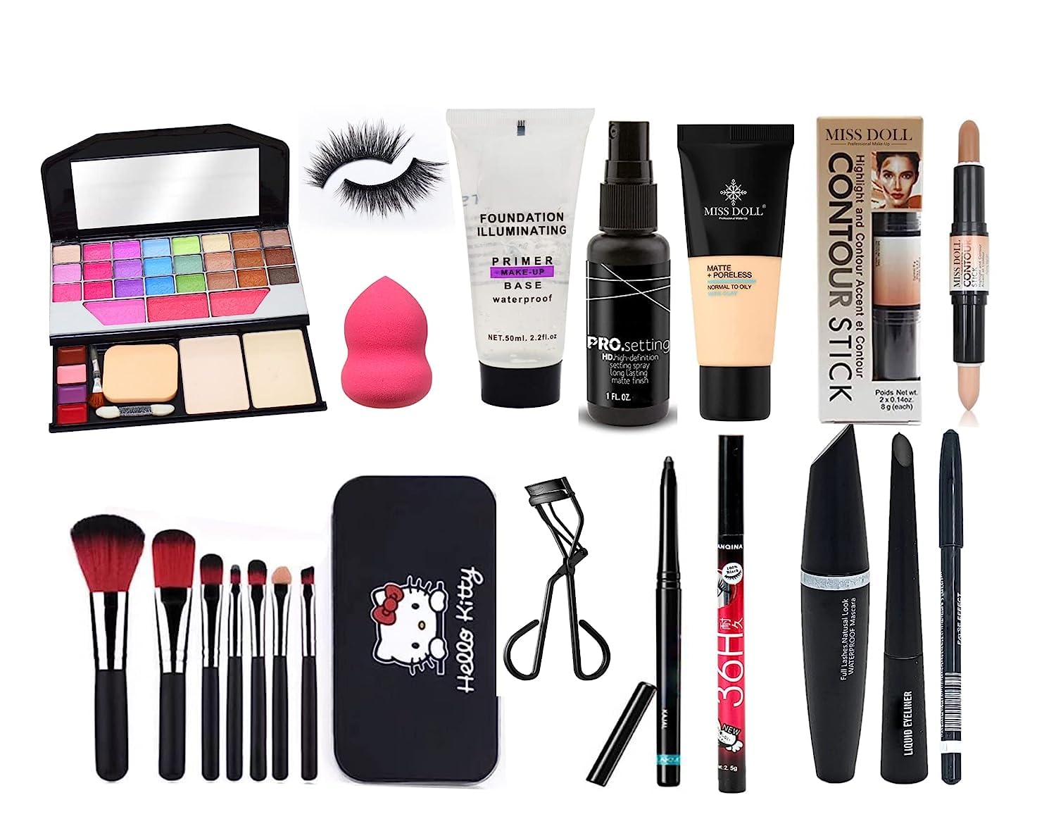 **SIRF TUM 7-in-1 Makeup Kit with 7 Black Makeup Brushes – Contour Stick, Primer, Fixer, Foundation, Kajal, 36H Eyeliner, Eyelashes & Curler, Beauty Blender, 3-in-1 Liner, Mascara, Eyebrow Pencil – Complete Makeup Set for Professional & Everyday Use (Pack of 20)**