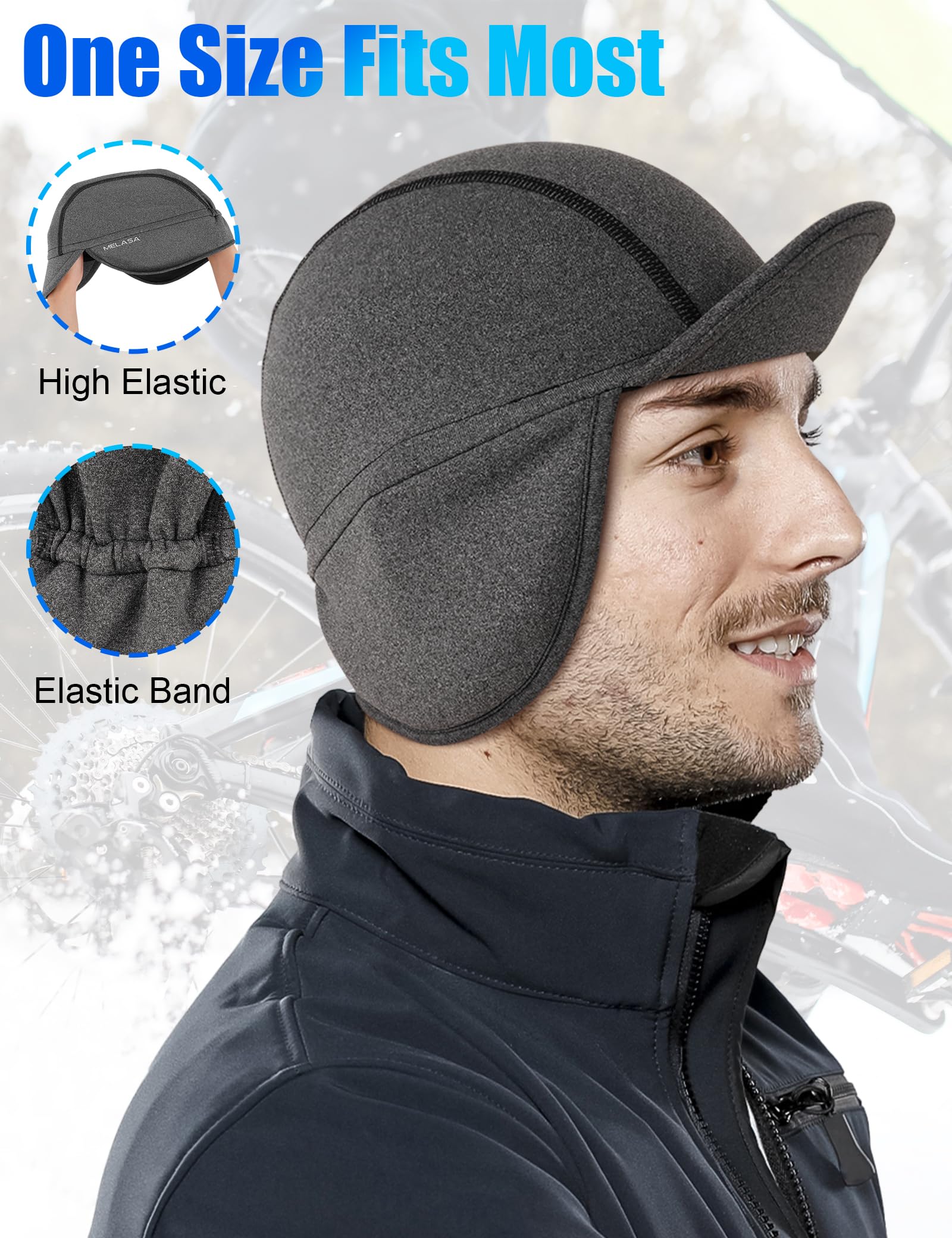 MELASA Winter Fleece Cycling Cap - Warm Skull Cap with Sun Visor for Men & Women - Bike Helmet Liner, Running Beanie for Cold Weather - Perfect for Cycling, Running, Skiing & Outdoor Sports