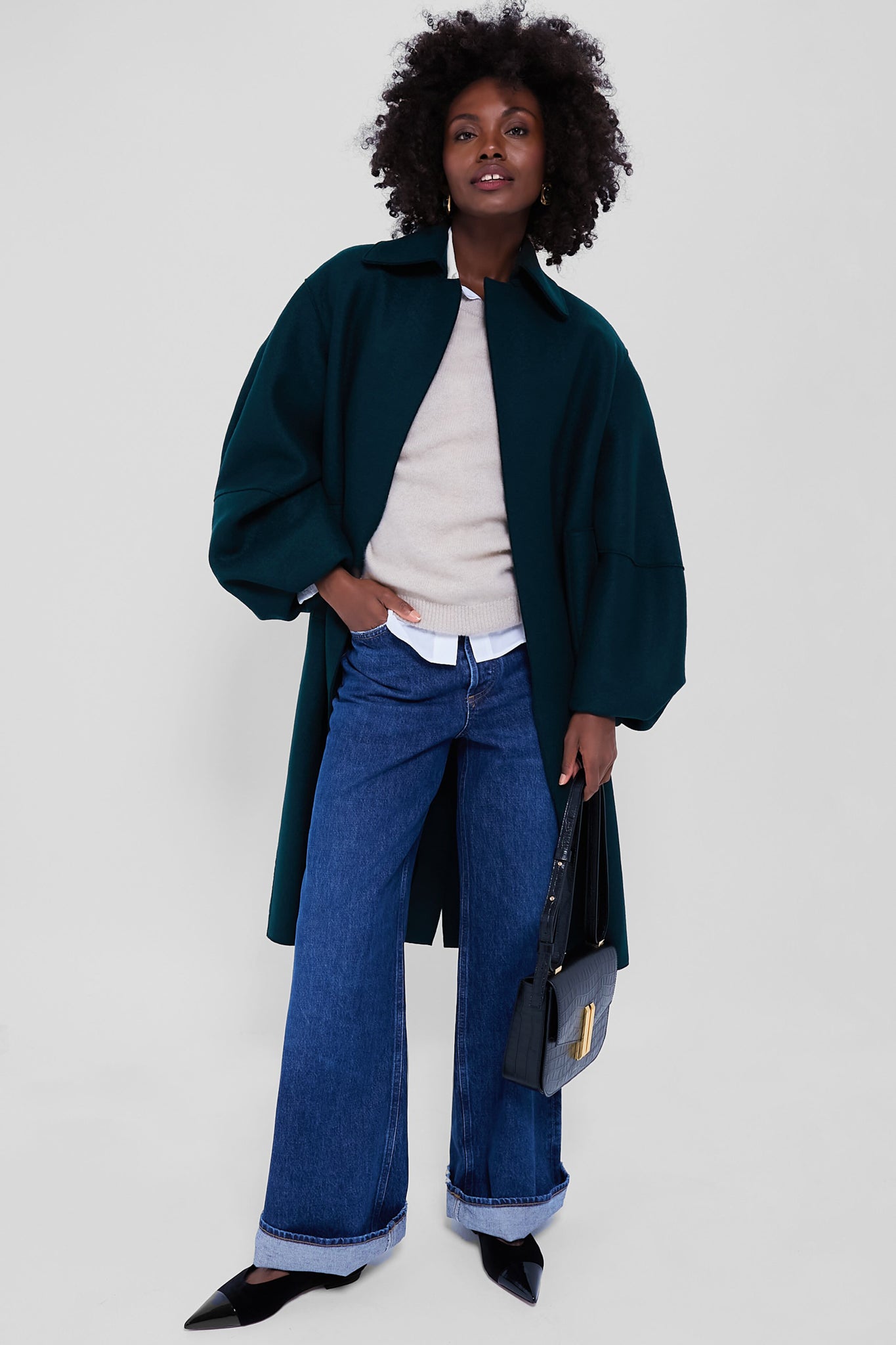 Elegant Bottle Green Puffed Sleeve Wool Coat for Women - Winter Fashion Outerwear for Office, Dating & Special Occasions