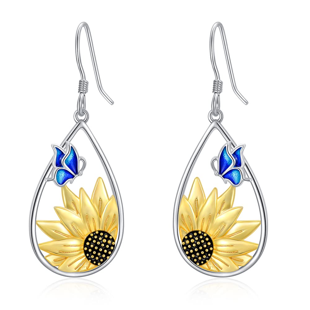 925 Sterling Silver Sunflower Dragonfly Daisy Teardrop Dangle Earrings - Boho Bohemian Hook Earrings for Women & Teens - Perfect for Mothers Day Gifts, Date Nights & Summer Festival Jewelry