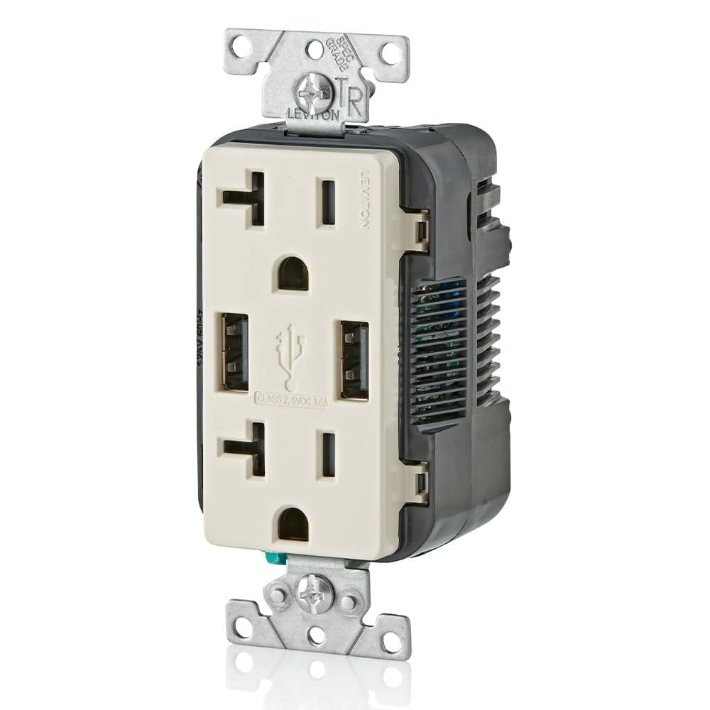 Leviton T5832-T USB Wall Charger with 20A Outlet - Fast Charging for Smartphones & Devices in Home/Office