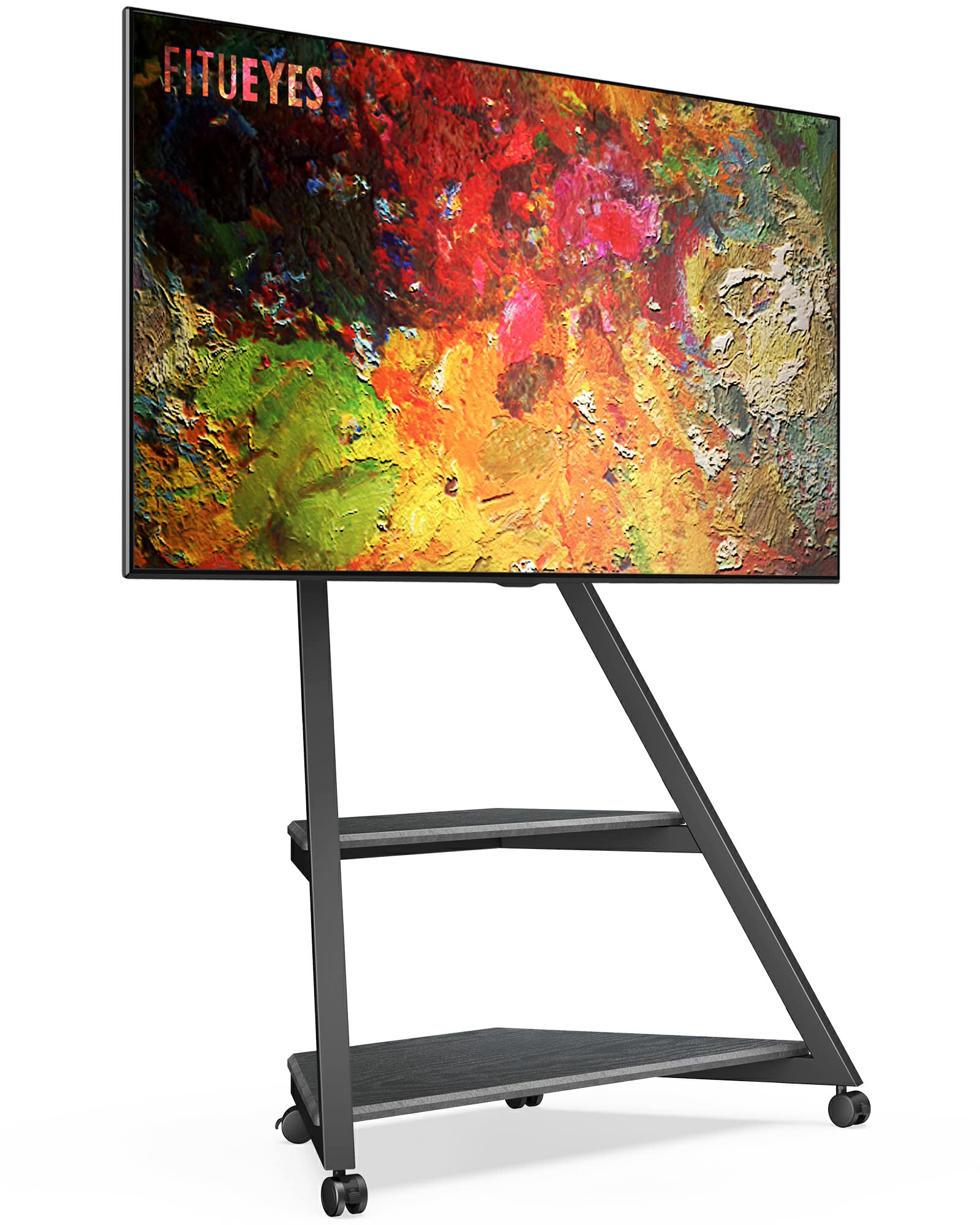 FITUEYES Modern Eiffel Series TV Stand for 43-75 Inch TVs - Black Corner TV Cart with Wooden Storage Shelves - Perfect for Living Room, Bedroom, and Home Theater Setup