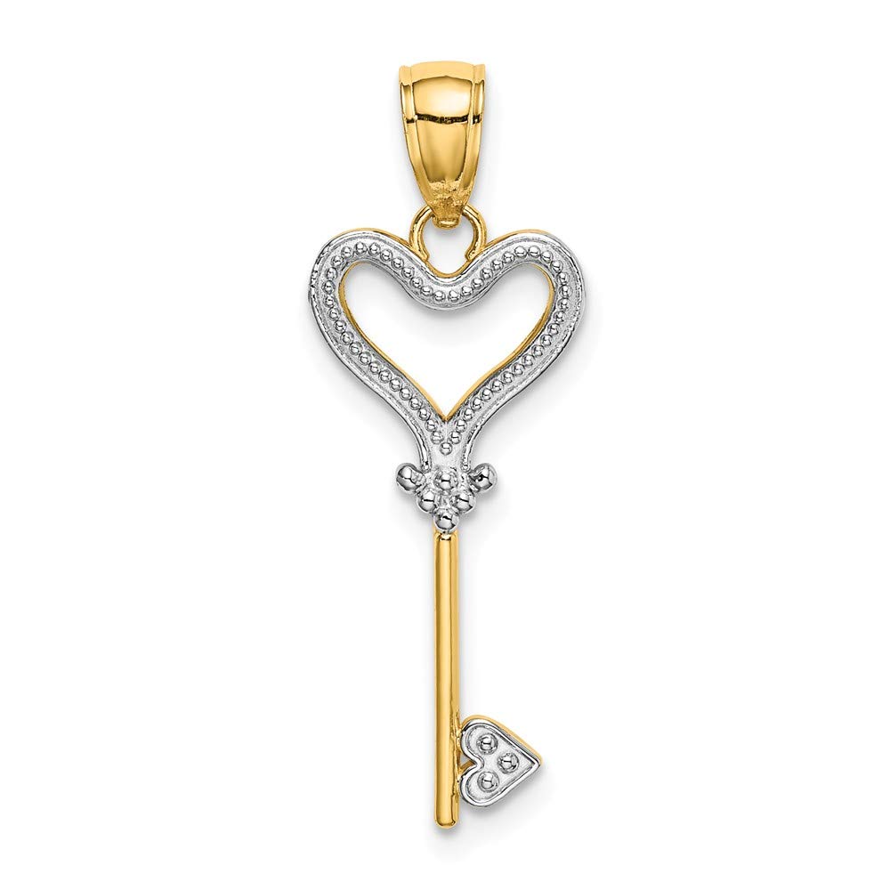 14K Yellow Gold Two-Tone Heart Key Charm Pendant Necklace - 27mm x 10mm - Perfect for Valentine's Day Gifts, Anniversary Presents & Everyday Jewelry