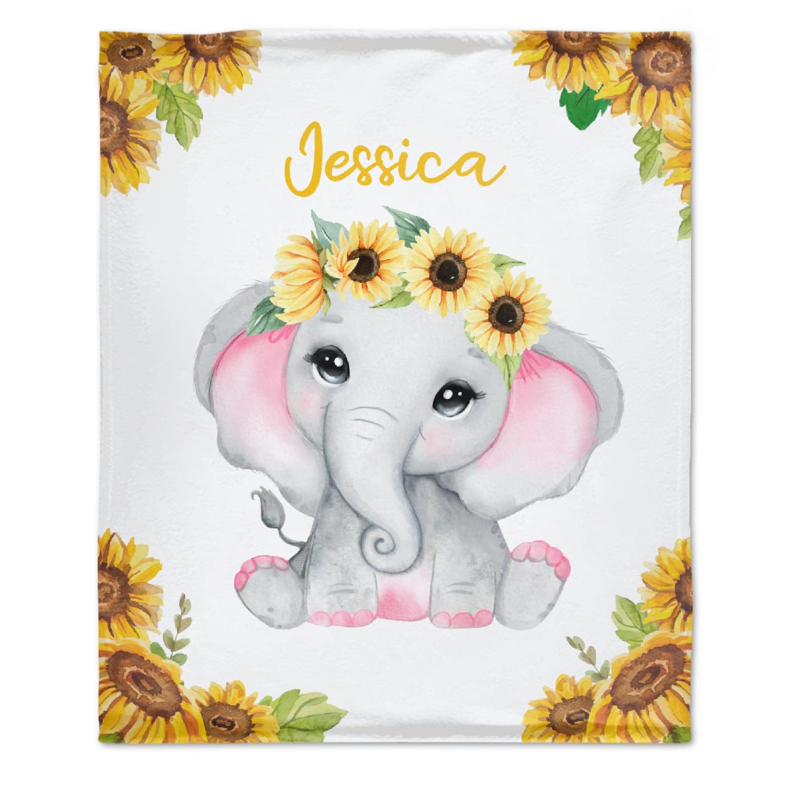 Personalized Baby Blanket with Name - Sunflower Elephant Design Fleece Flannel Blanket for Girls & Boys | Custom Baby Shower Gift, Birthday Present for Daughter & Granddaughter | Extra Large 120x90 Inch | Perfect for Nursery, Family Photos & Cozy Moments