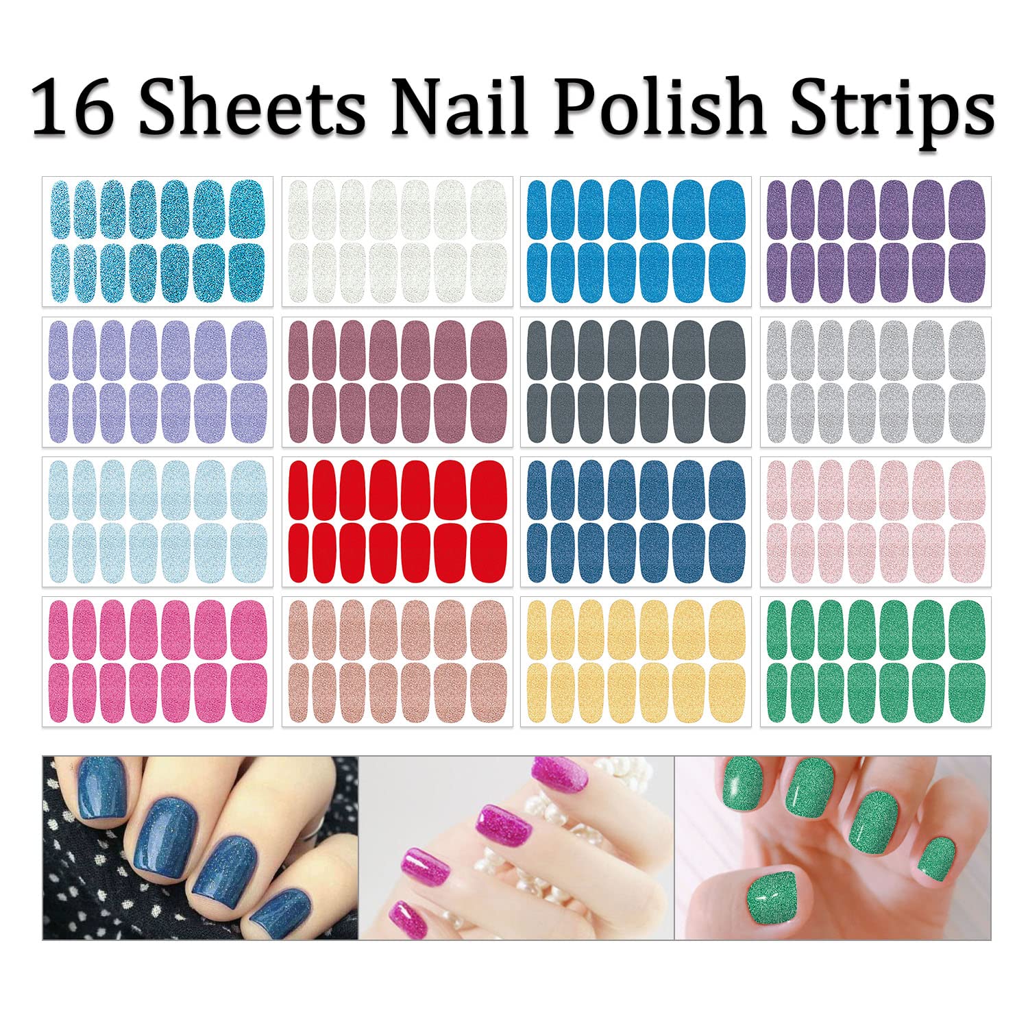 SILPECWEE Glitter Nail Polish Strips for Women - 16 Self-Adhesive Gel Nail Wraps with Nail File - Easy DIY Nail Art Stickers for Parties, Weddings & Everyday Manicures