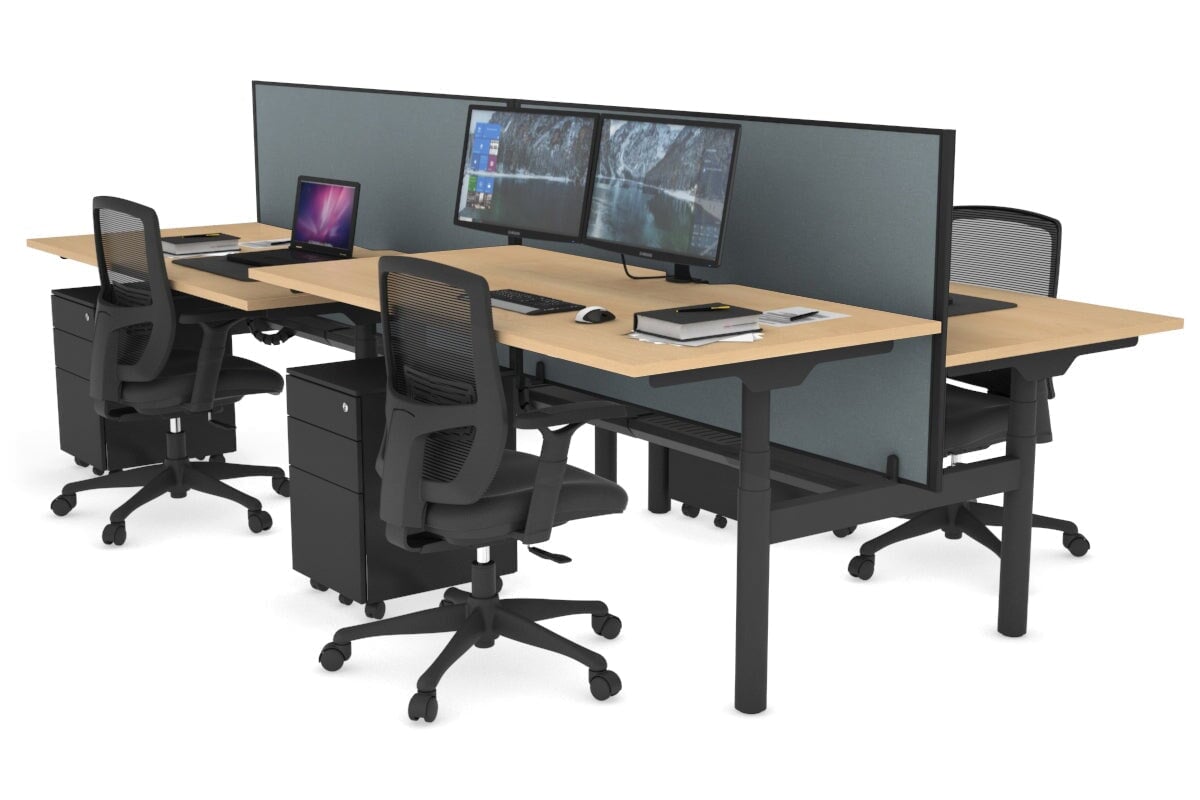 Flexi Premium Height Adjustable 4-Person H Bench Workstation - Black Frame [1400L x 800W with Cable Management] - Ideal for Office, Coworking Spaces & Home Offices