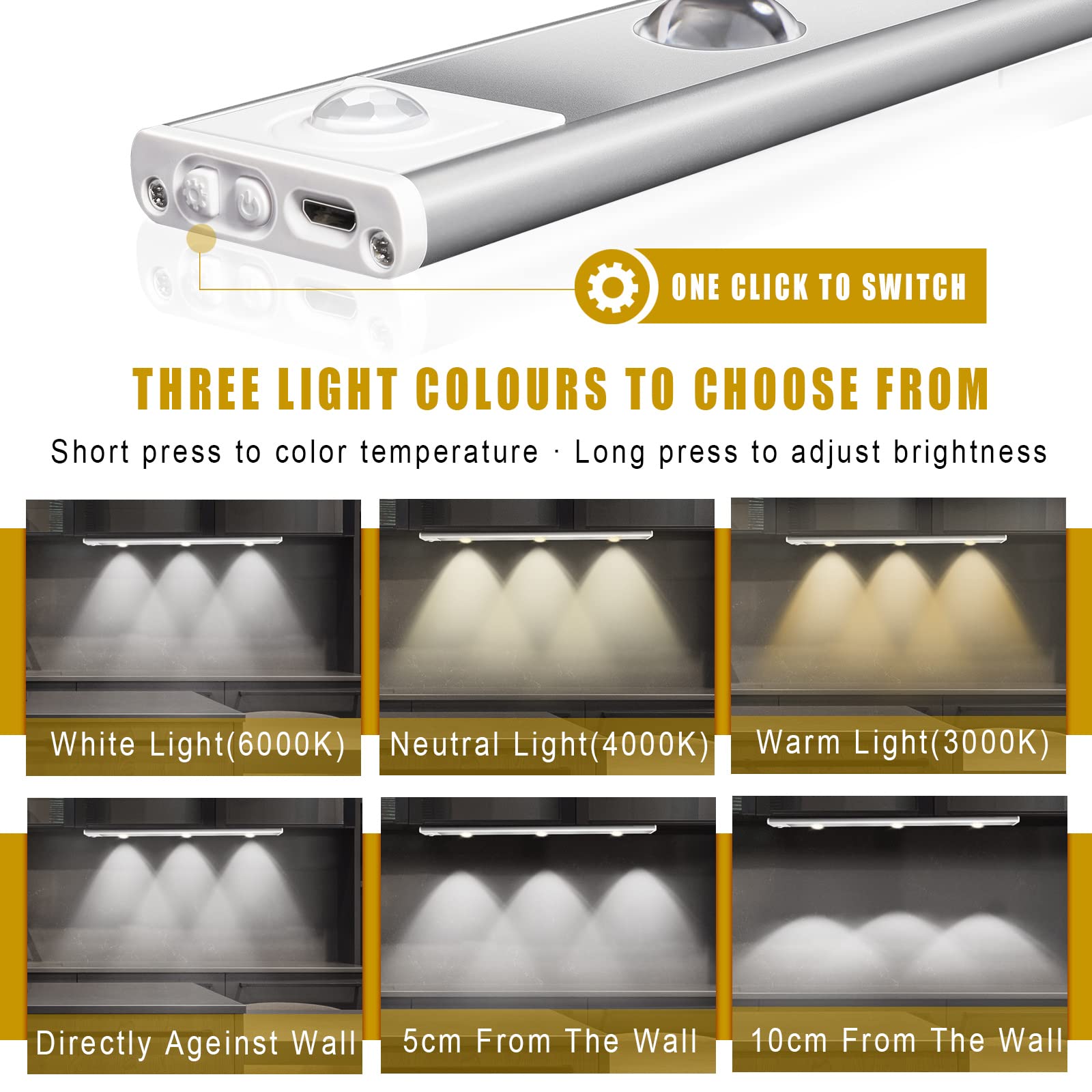 Under Cabinet Lights - 3 Color Dimmable LED Motion Sensor Closet Lighting, Rechargeable Wireless Magnetic Night Light for Kitchen, Wardrobe, Cabinet & Cupboard (40cm) - Perfect for Dark Spaces, Pantry Organization & Nighttime Safety