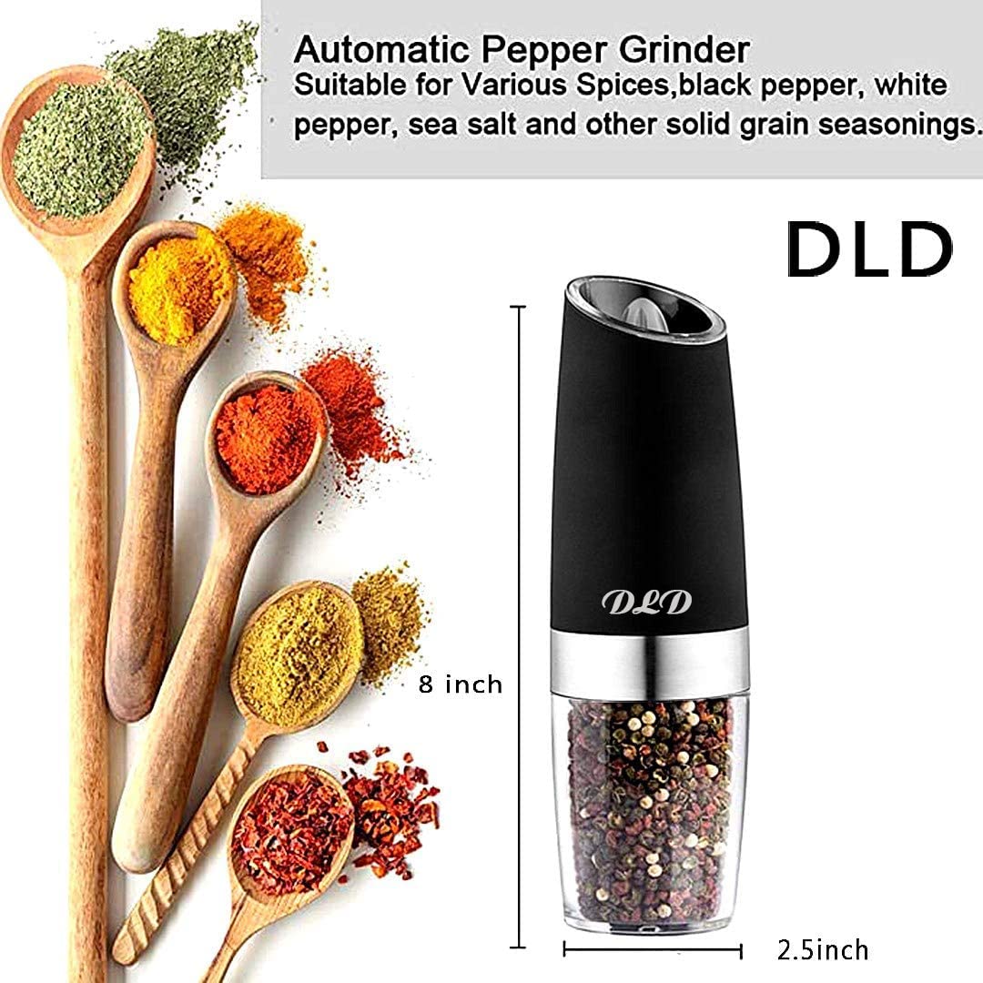 DLD Battery Operated Electric Pepper and Salt Grinder Set - Adjustable Coarseness, One-Handed Operation with Utility Brush, Stainless Steel Design [White Light] - Perfect for Kitchen, Dining Table, Camping & Gifts