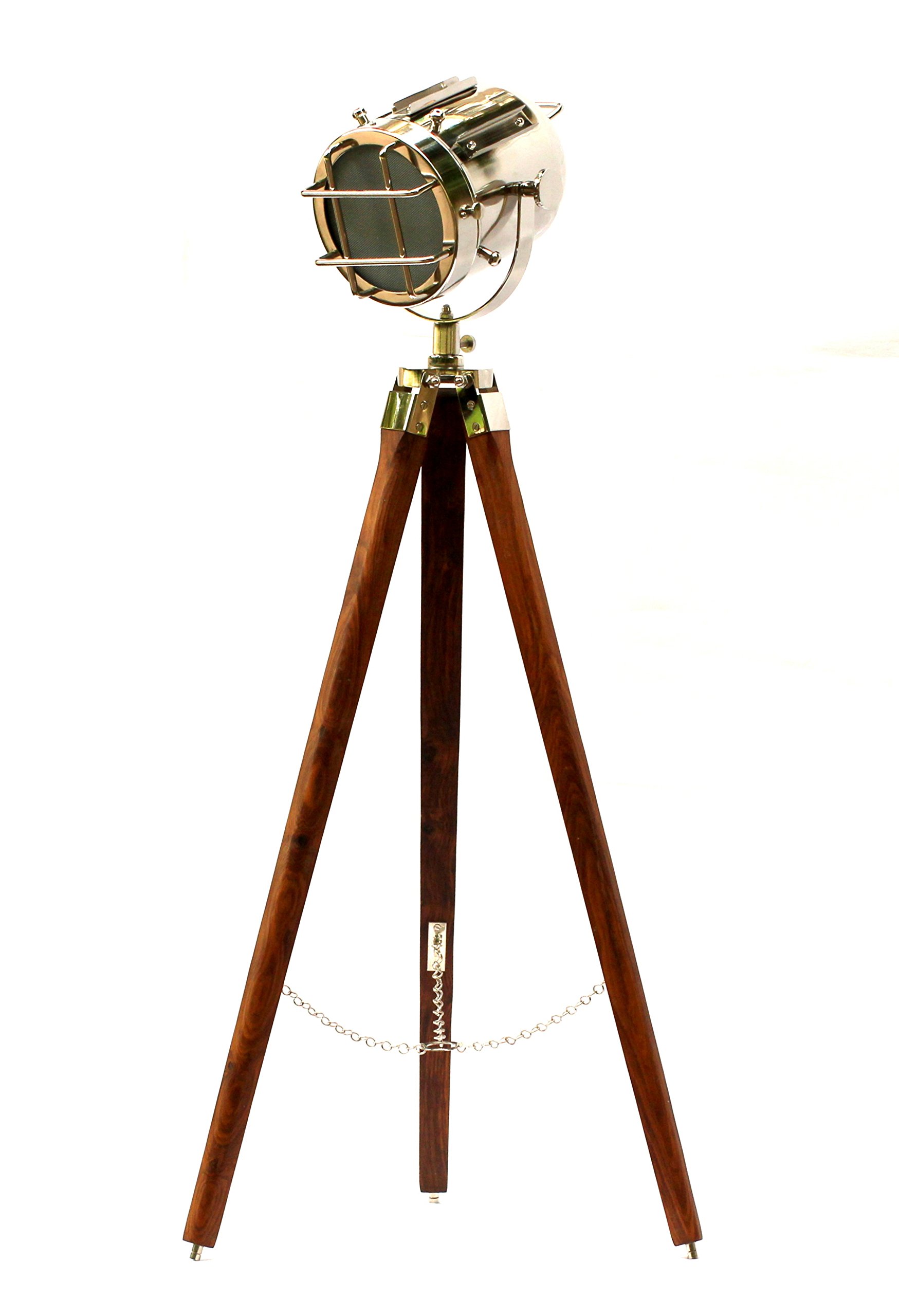Vintage Hollywood Floor Tripod Searchlight LED Lamp - 42 Inch Antique Nautical Marine Spotlight in Brown for Home Theater & Themed Decor