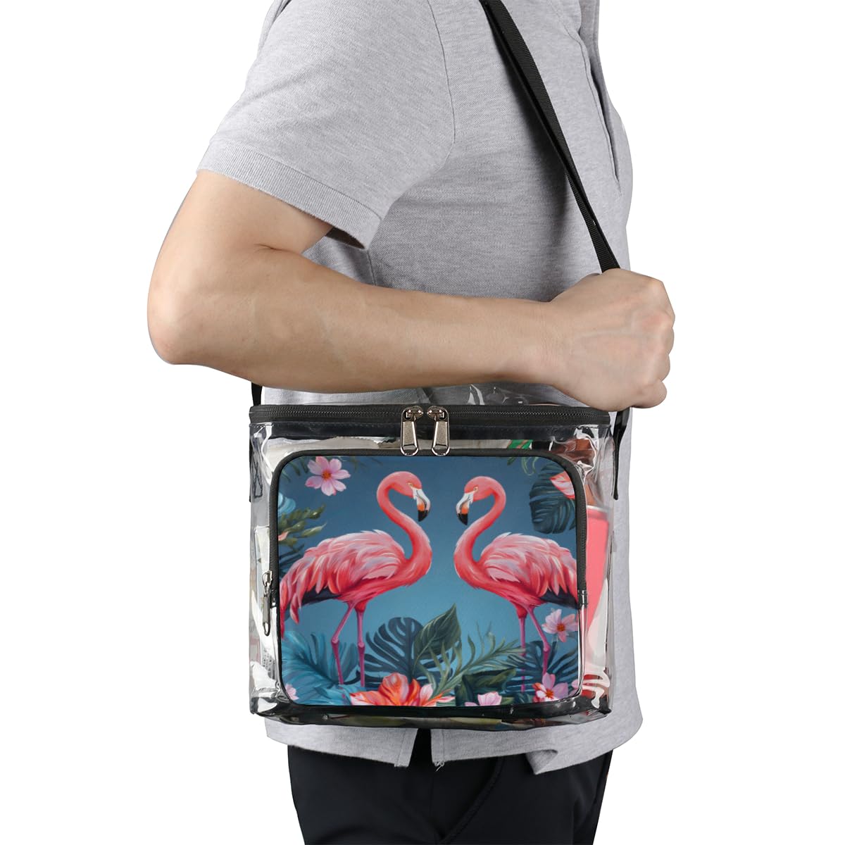 GzLeyigou Flamingo Floral Clear Tote Bag with Handles - Tropical Palm Tree Transparent Crossbody Shoulder Bag for Women - Perfect for Beach, Travel, Picnic, Concerts & Sports Events (Stadium Approved) - Waterproof Lunch Bag for Outdoor Activities