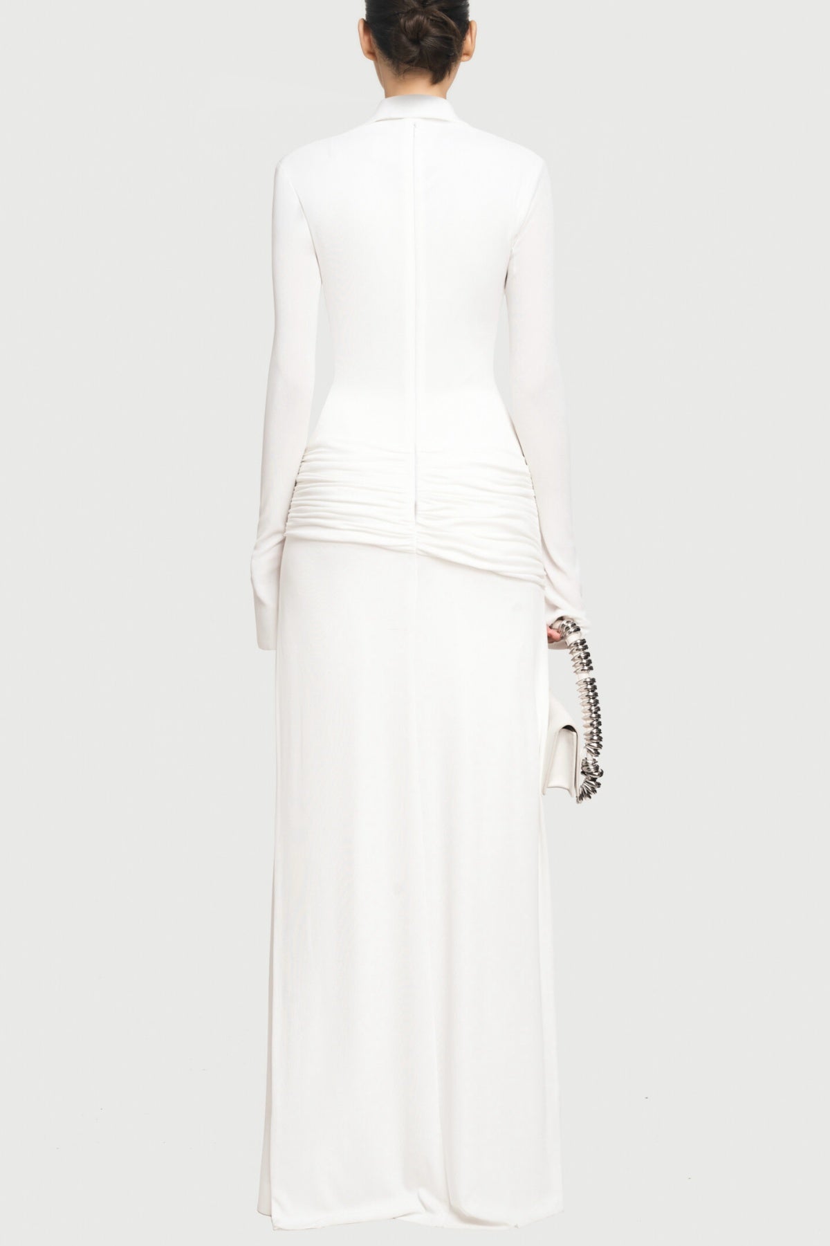 Alistair Shirt Collar Draped Maxi Dress in White | Elegant Long Sleeve Formal Gown for Weddings, Parties & Evening Events