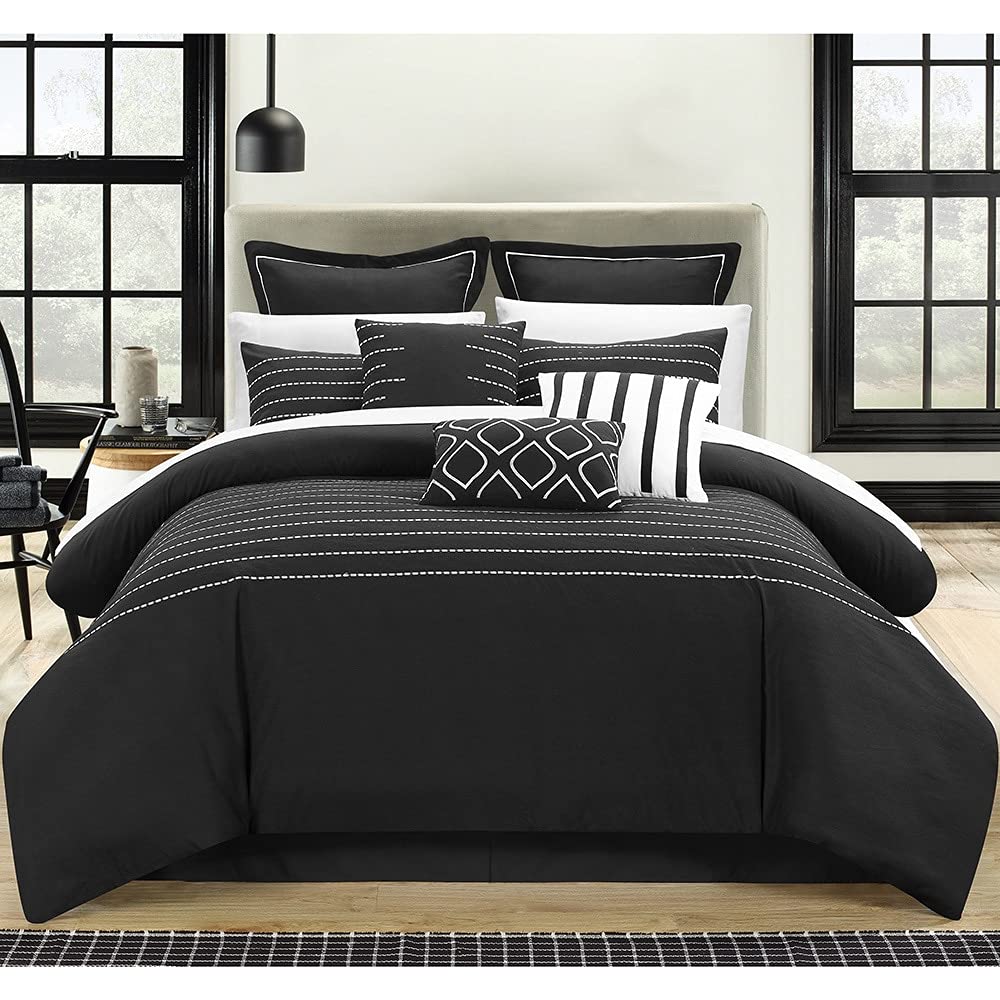 Chic Home Karlston Stitch Black Embroidered 13-Piece Queen Size Comforter Set - Luxury Bedding for Master Bedroom & Guest Room Decor