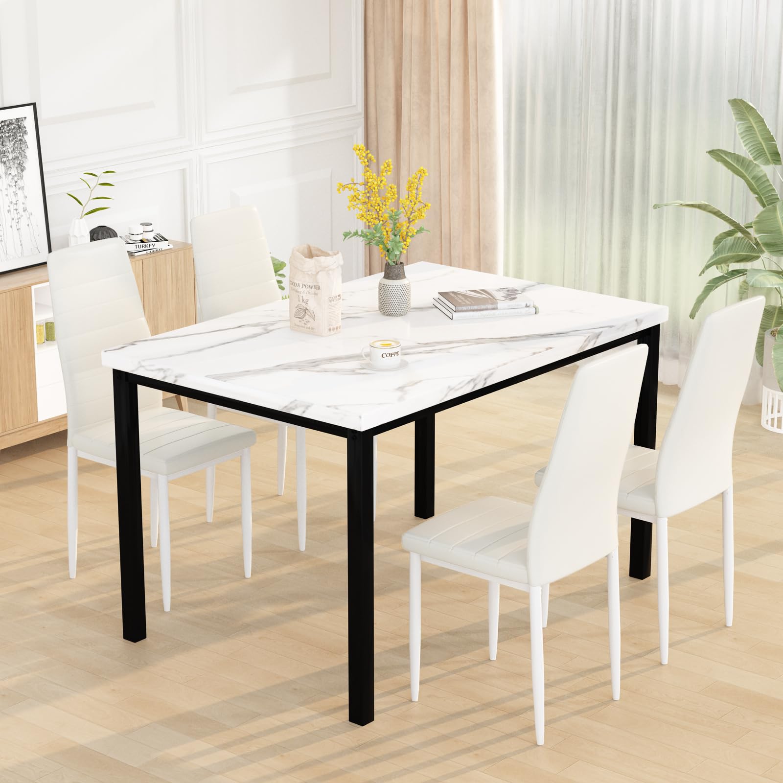DKLGG 5-Piece Dining Table Set for 4 with PU Leather Chairs & Faux Marble Top - Space-Saving Kitchen Table Set for Small Homes & Apartments - Perfect for Family Meals, Dinner Parties & Compact Living Spaces