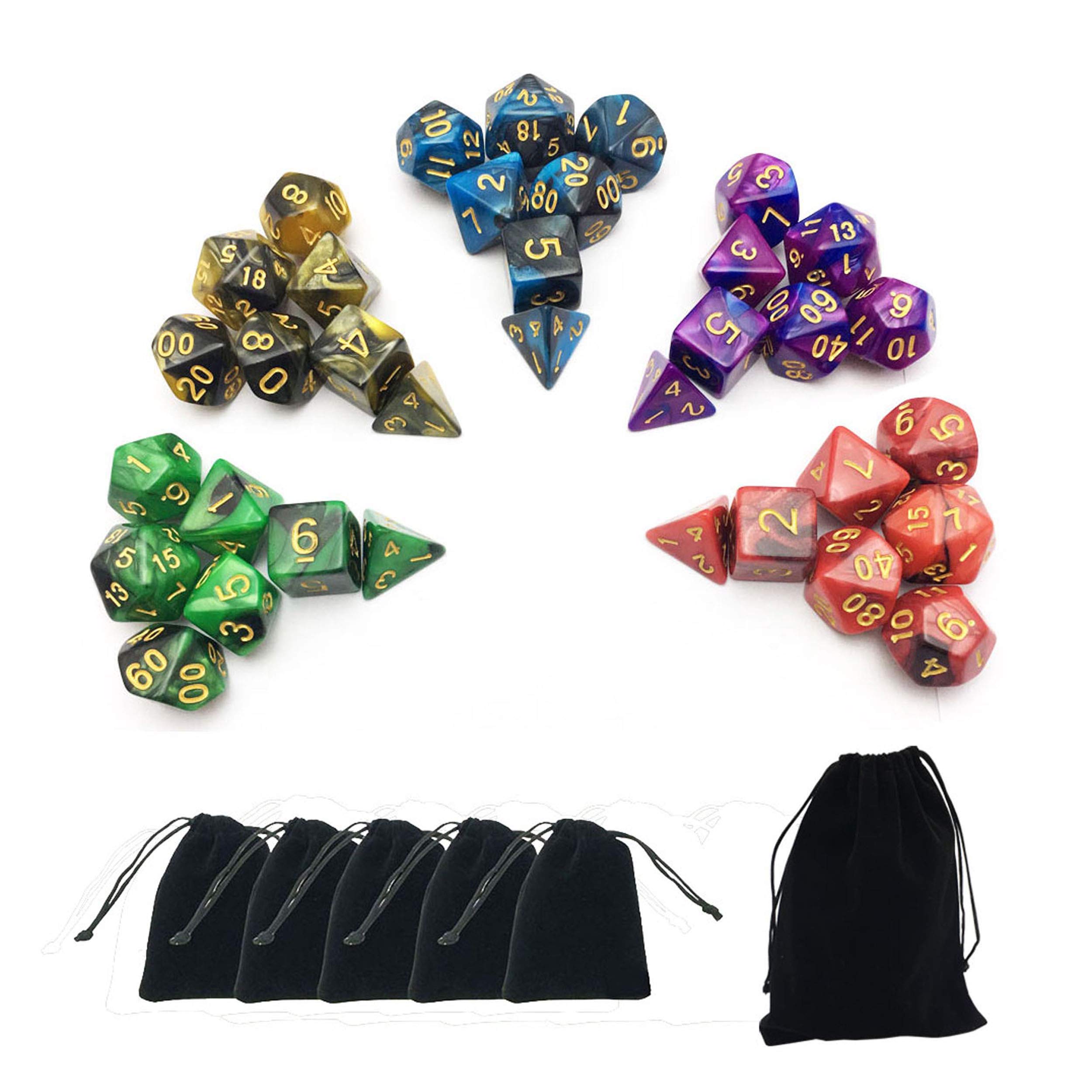 Premium 5 x 7-Die Double-Colored Polyhedral Dice Set with Pouch for D&D, RPG, MTG - D4 D6 D8 D10 D% D12 D20 - Perfect for Dungeons & Dragons, Pathfinder, and Tabletop Board Games