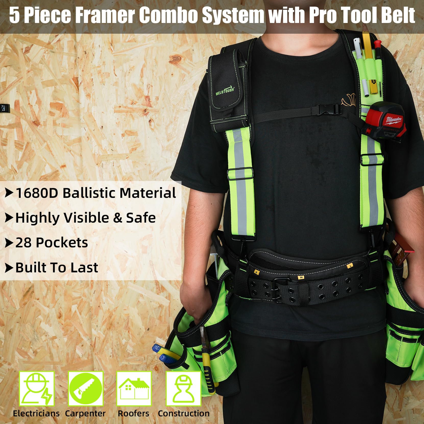 MELOTOUGH Reflective Heavy Duty Construction Tool Belt with Suspenders - High Visibility Safety Work Belt for Builders, Electricians & Contractors - Ideal for Night Work & Hazardous Job Sites (Hi-Viz Lime)