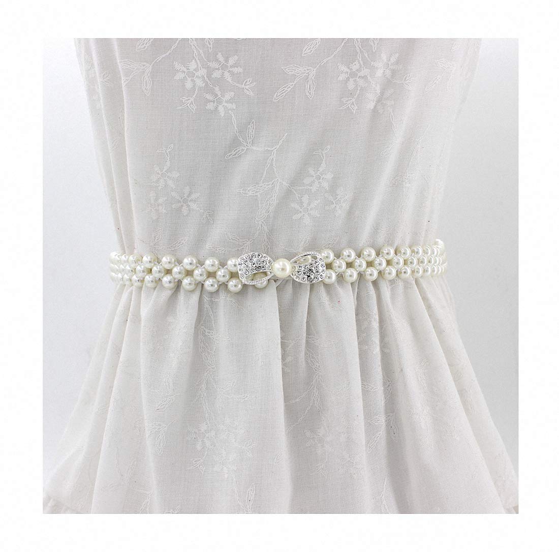 Elegant Women's Stretch Pearl Waist Belt with Rhinestone Interlocking Buckle - Adjustable Elastic Sash for Party Dresses, Wedding Gowns & Formal Occasions | Perfect Accessory for Evening Events, Bridal Showers & Special Celebrations