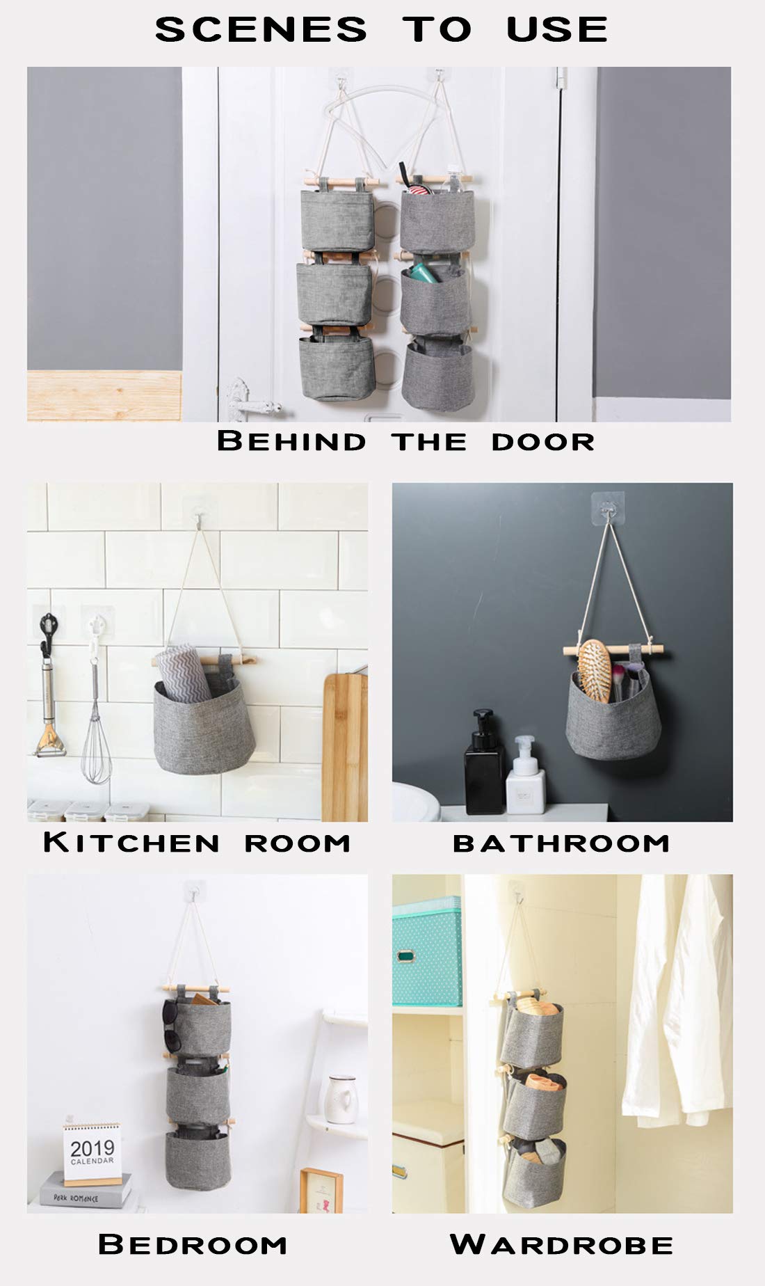 AARAINBOW 1 Pack Mini Cotton Linen Fabric Hanging Storage Organizer with 3 Pockets - Detachable, Foldable & Washable Closet Door Organizer for Bedroom, Bathroom & Small Spaces (Gray) - Perfect for Storing Accessories, Toiletries & Home Essentials